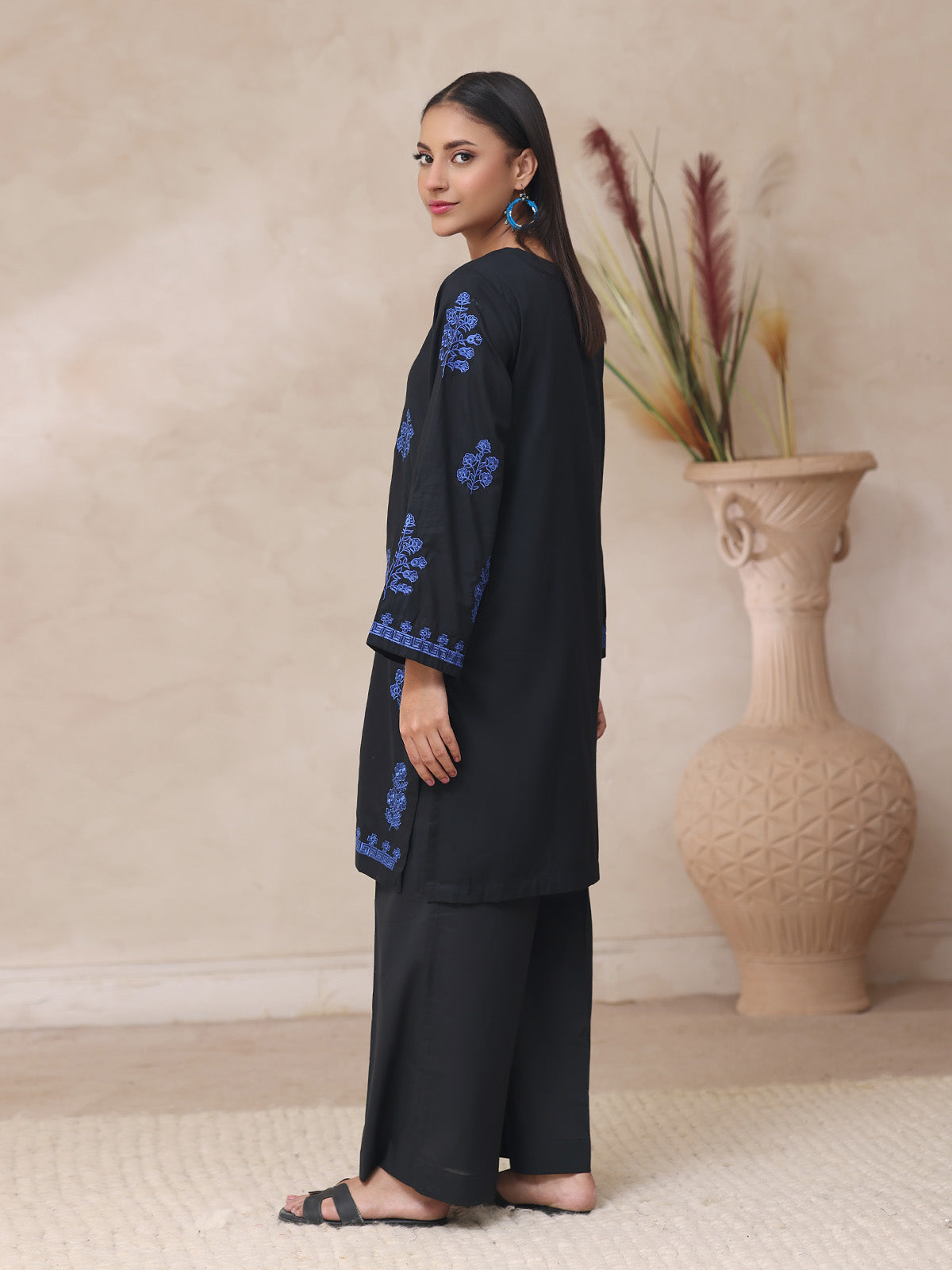 2Pc Embroidered Pret Shirt Trouser Cambric Black - OWE2P-2503022