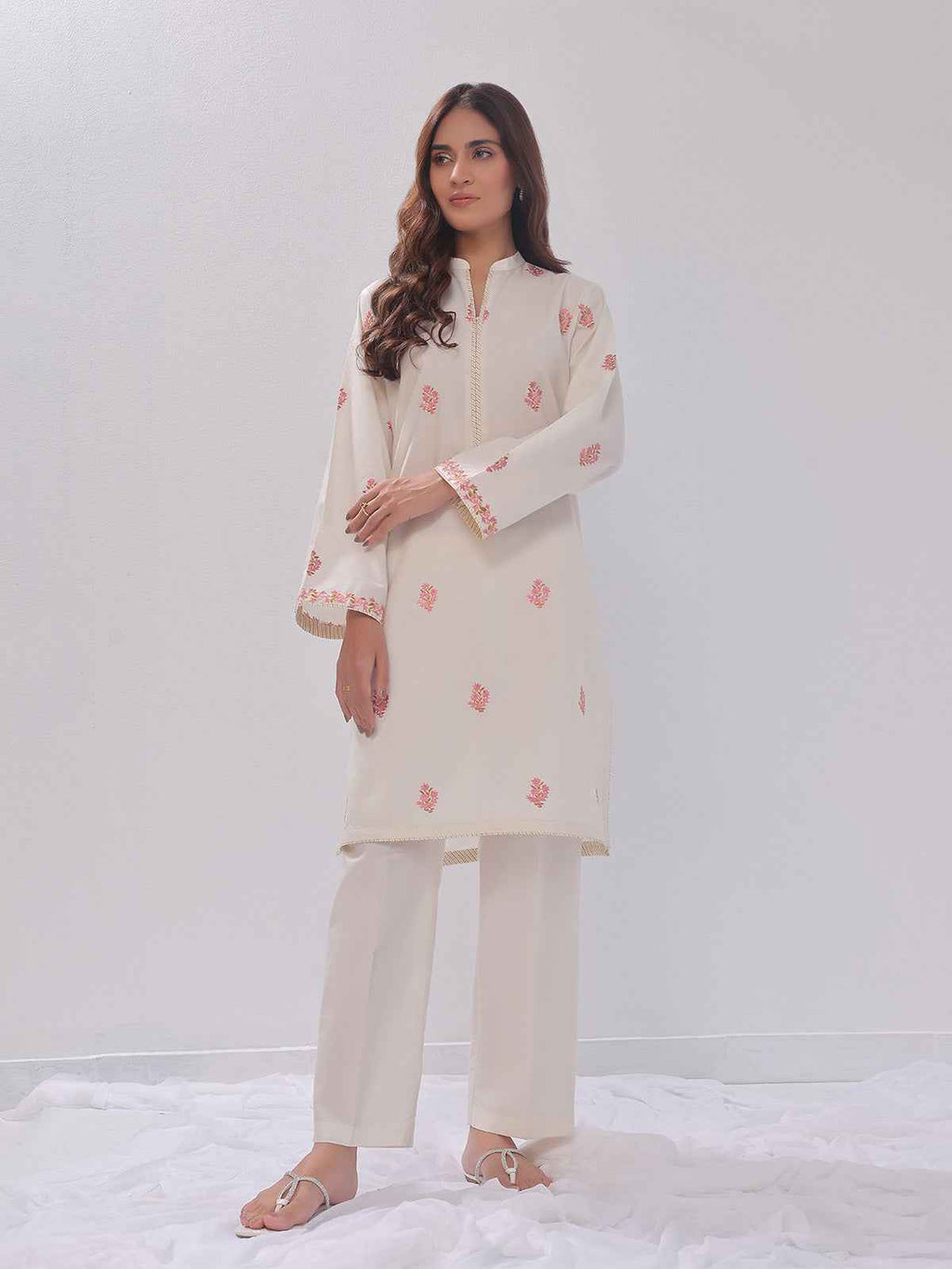 2Pc Embroidered Pret Shirt Trouser Cotton Silk Off White - OWE2PG-2405036