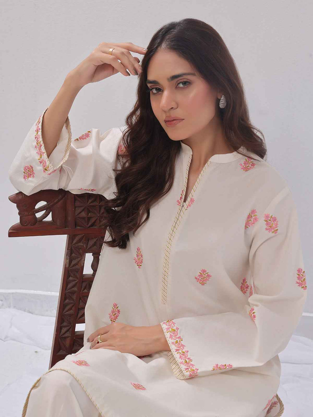 2Pc Embroidered Pret Shirt Trouser Cotton Silk Off White - OWE2PG-2405036