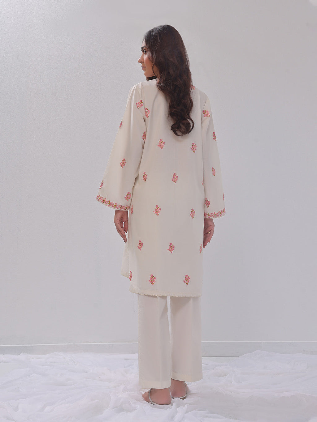 2Pc Embroidered Pret Shirt Trouser Cotton Silk Off White - OWE2PG-2405036