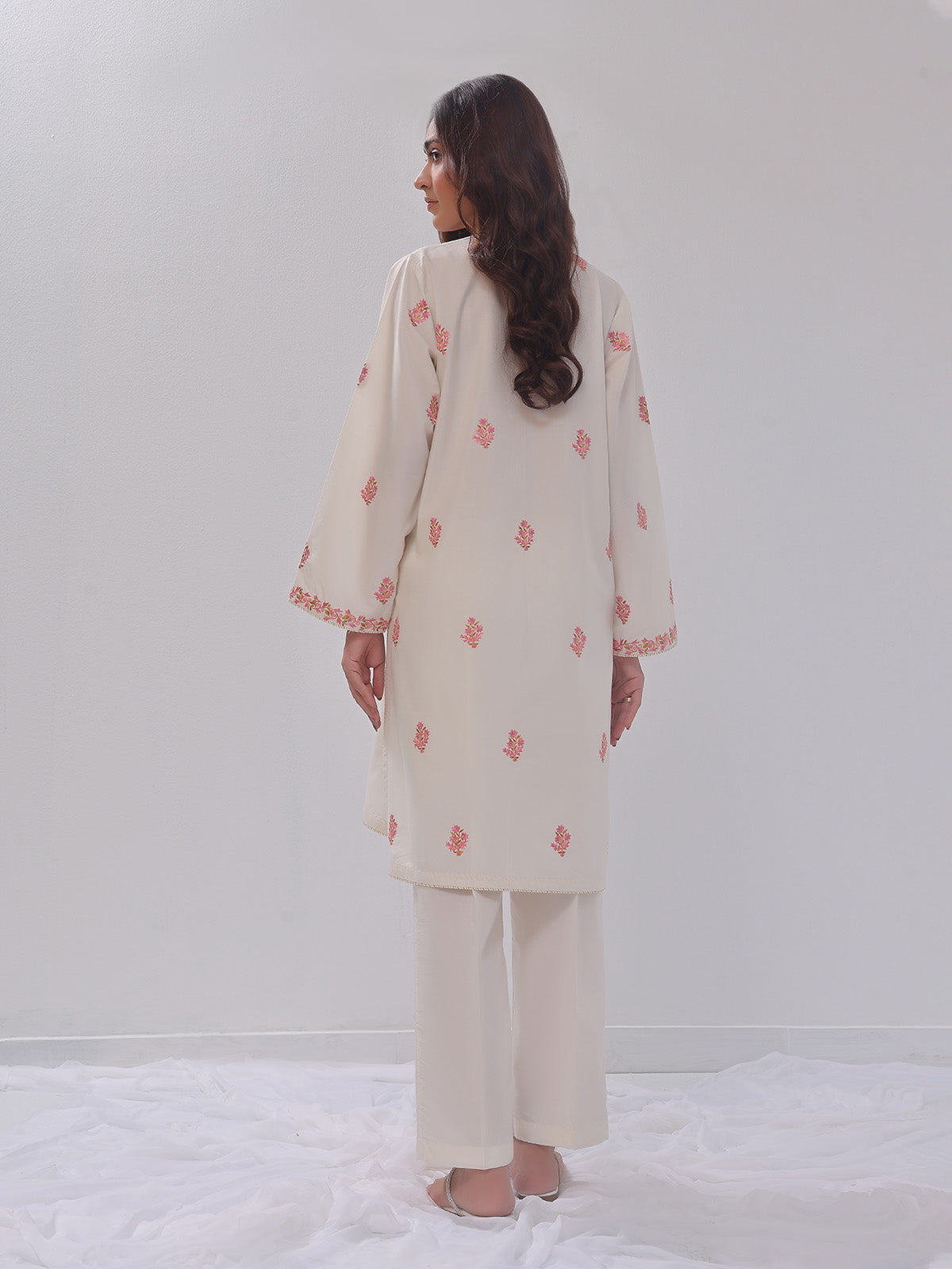 2Pc Embroidered Pret Shirt Trouser Cotton Silk Off White - OWE2PG-2405036
