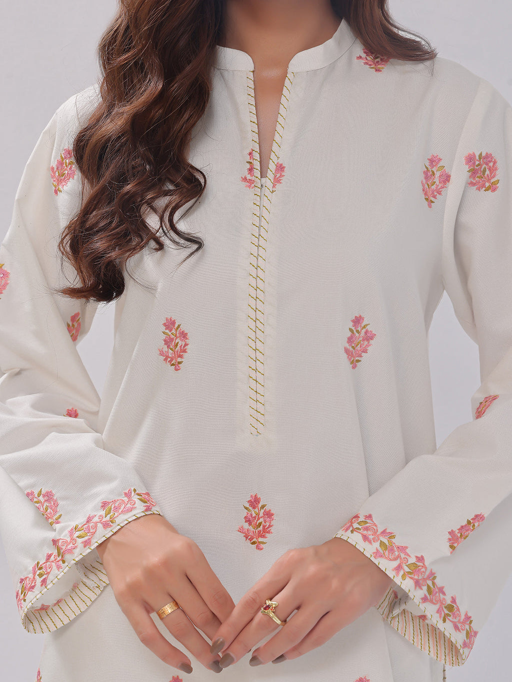 2Pc Embroidered Pret Shirt Trouser Cotton Silk White - OWE2PG-2405036