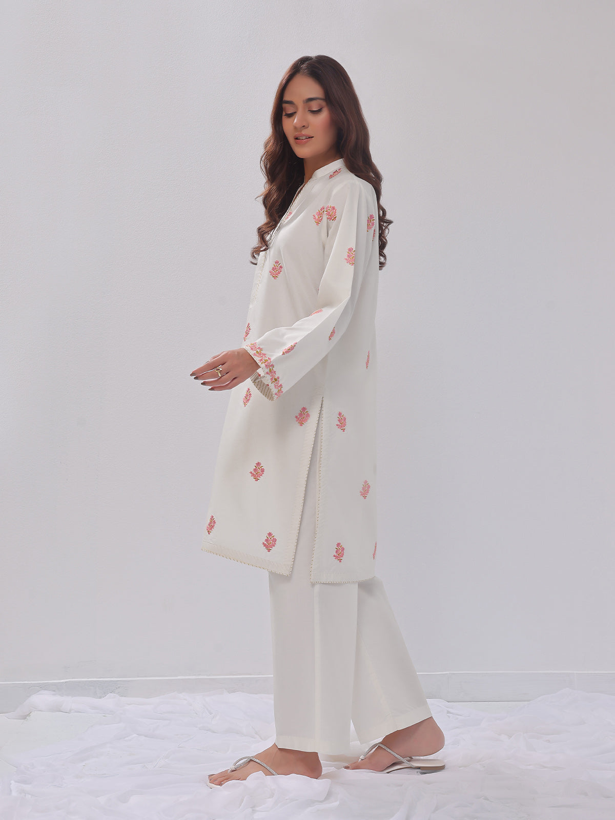2Pc Embroidered Pret Shirt Trouser Cotton Silk White - OWE2PG-2405036