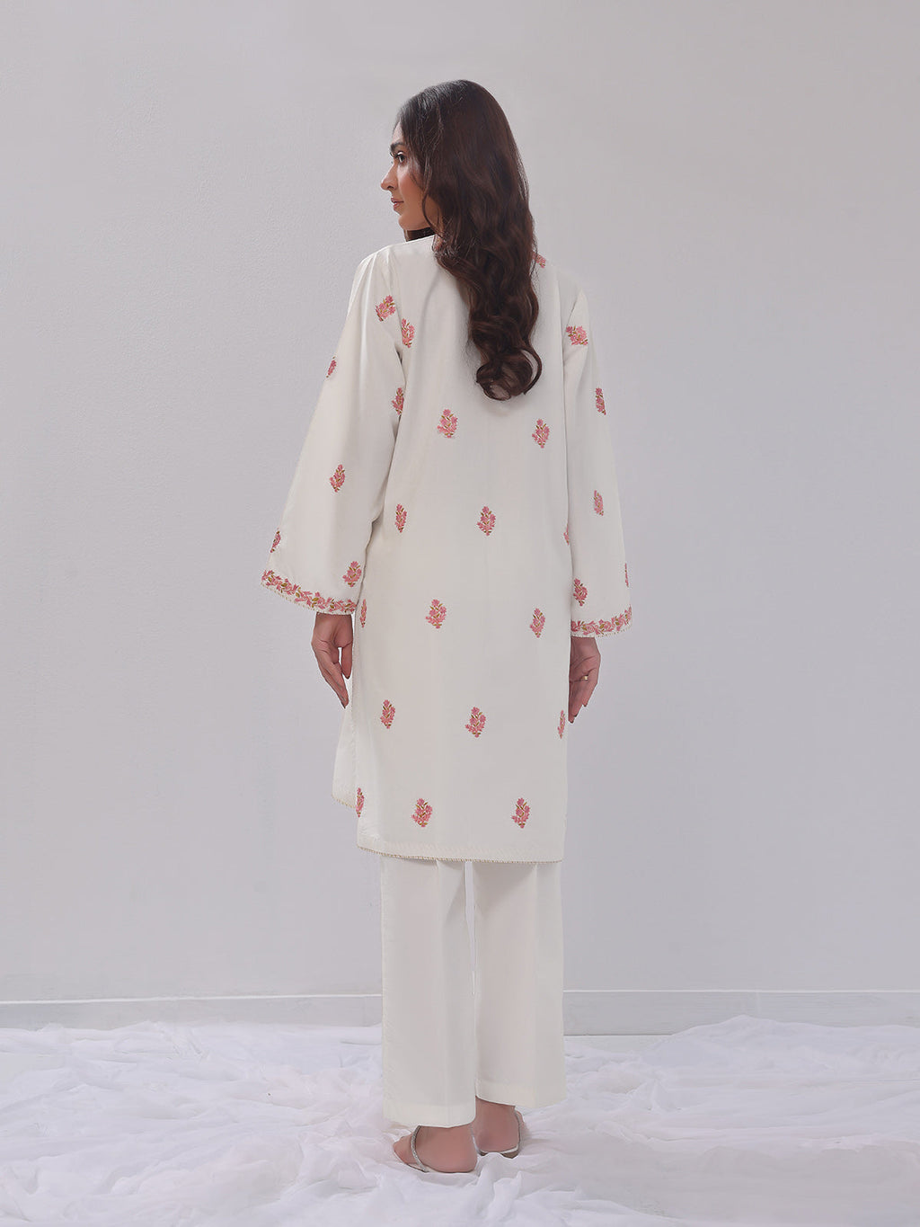 2Pc Embroidered Pret Shirt Trouser Cotton Silk White - OWE2PG-2405036