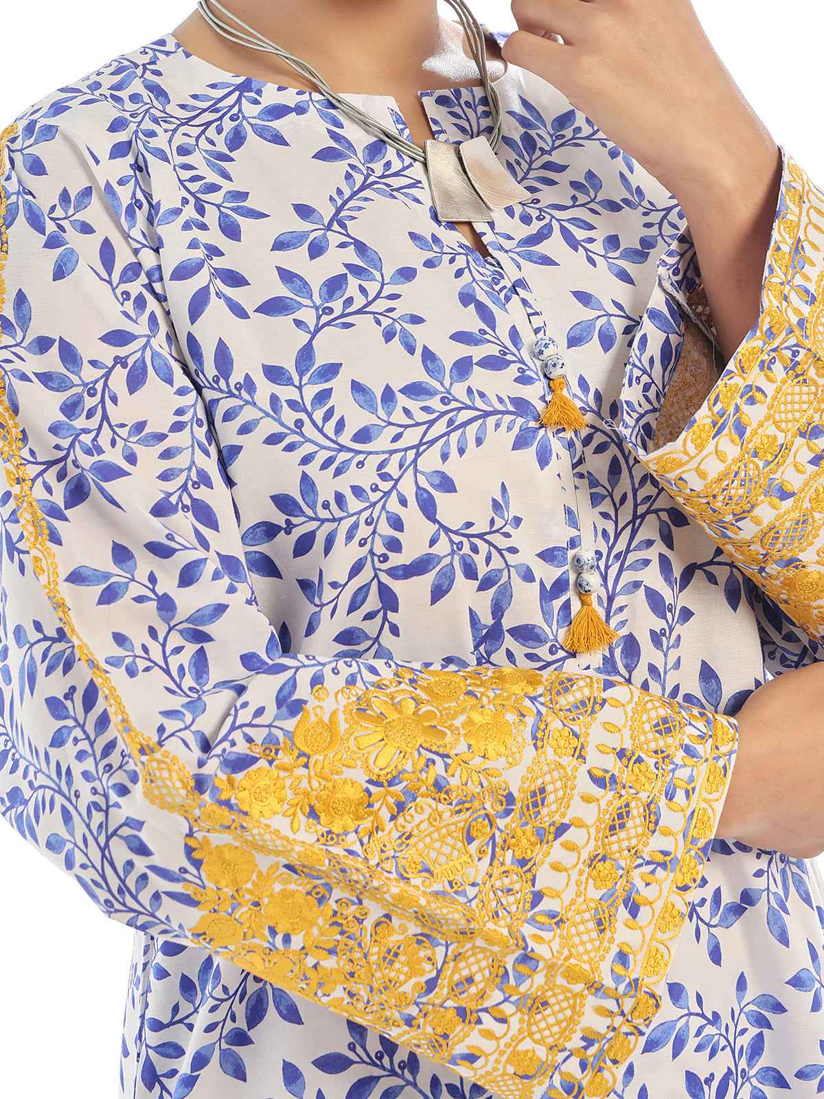 2Pc Embroidered Pret Shirt Trouser Lawn White & Blue - OWE2P-2412013