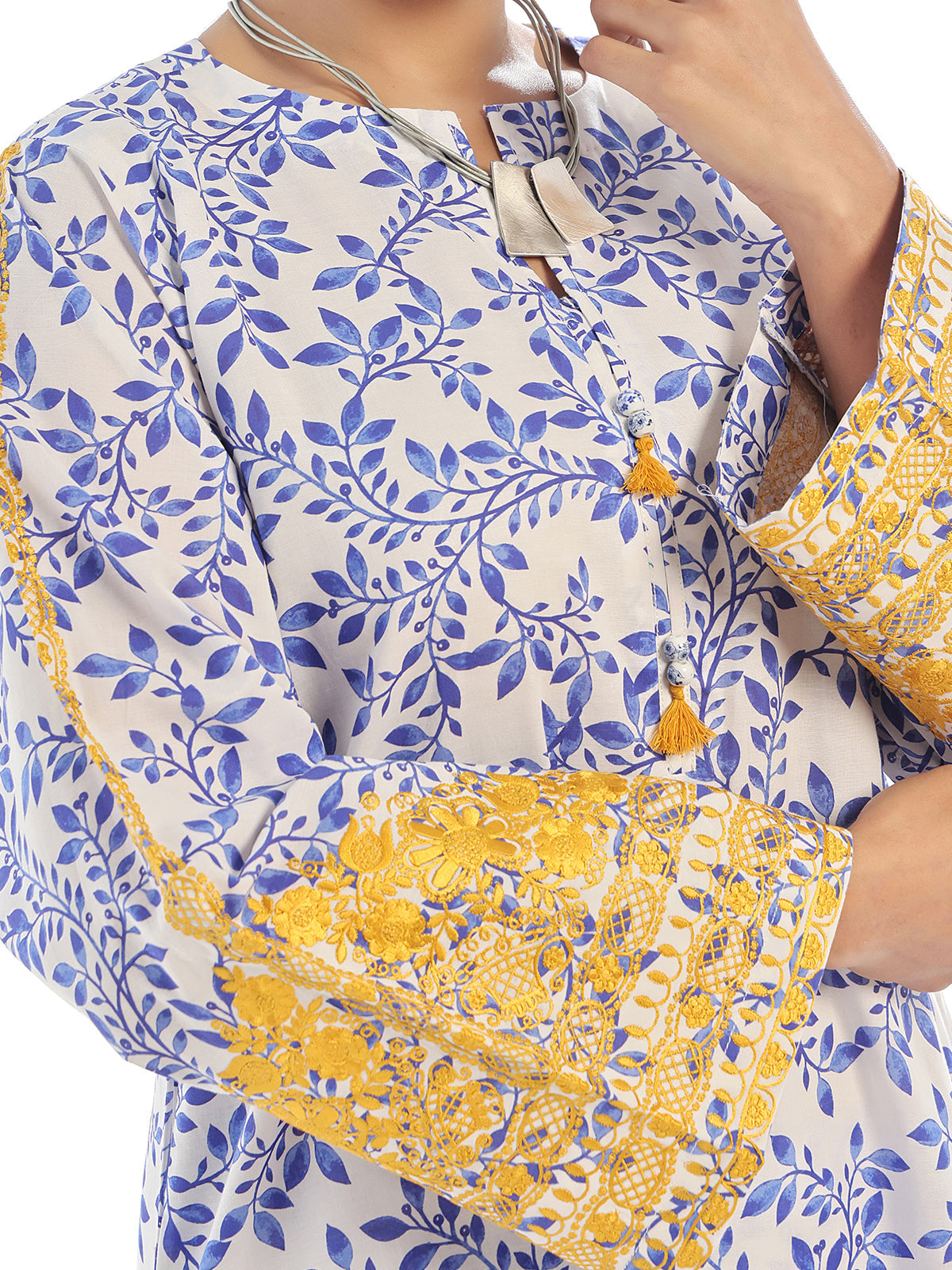 2Pc Embroidered Pret Shirt Trouser Lawn White & Blue - OWE2P-2412013