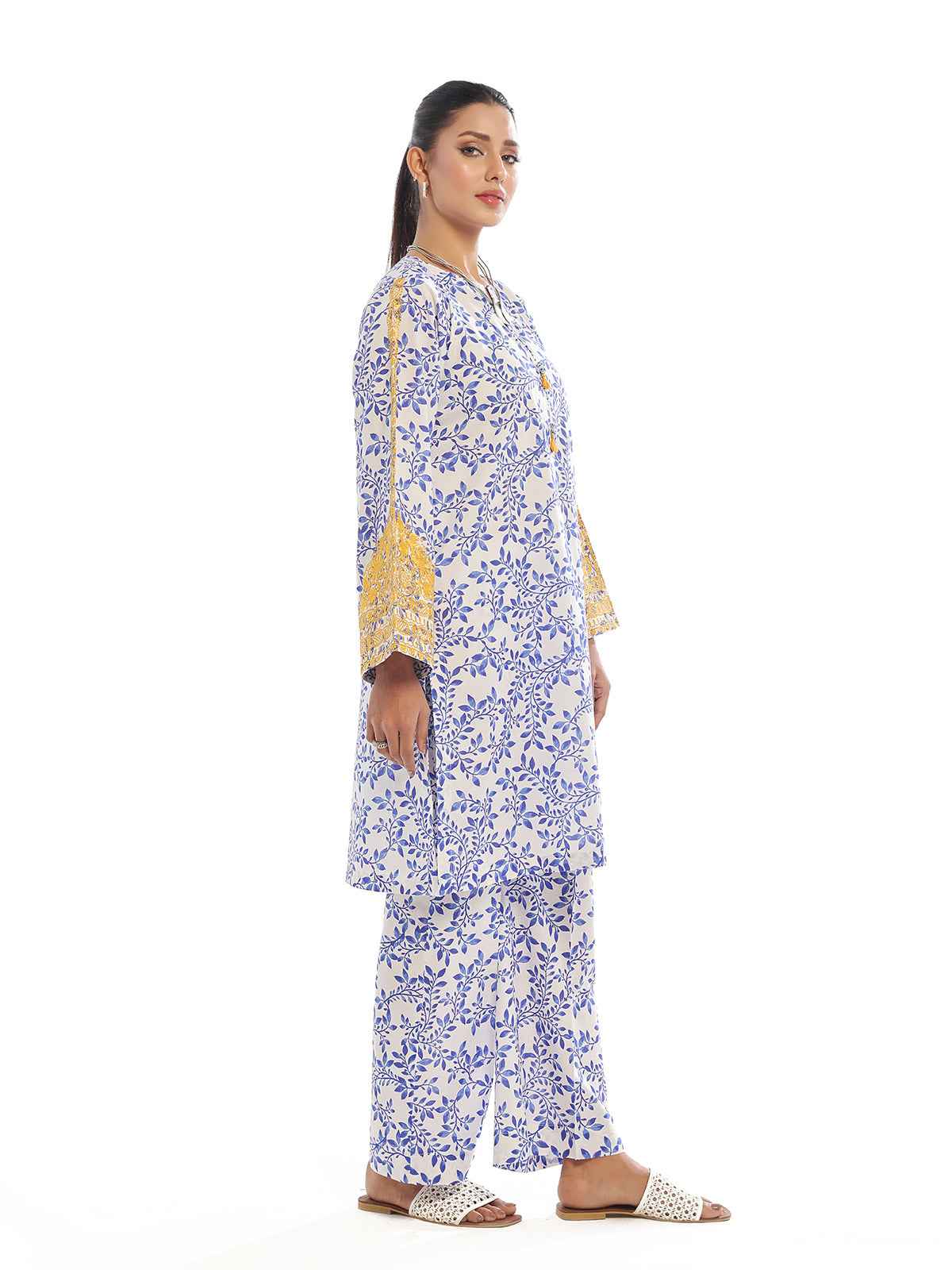 2Pc Embroidered Pret Shirt Trouser Lawn White & Blue - OWE2P-2412013