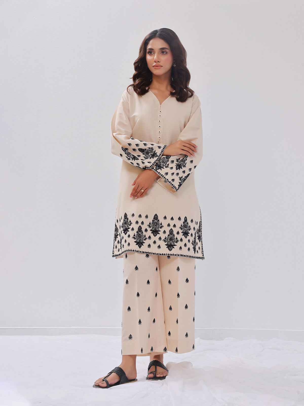 2Pc Embroidered Pret Shirt Trouser Cotton Silk Beige - OWE2PG-2405034