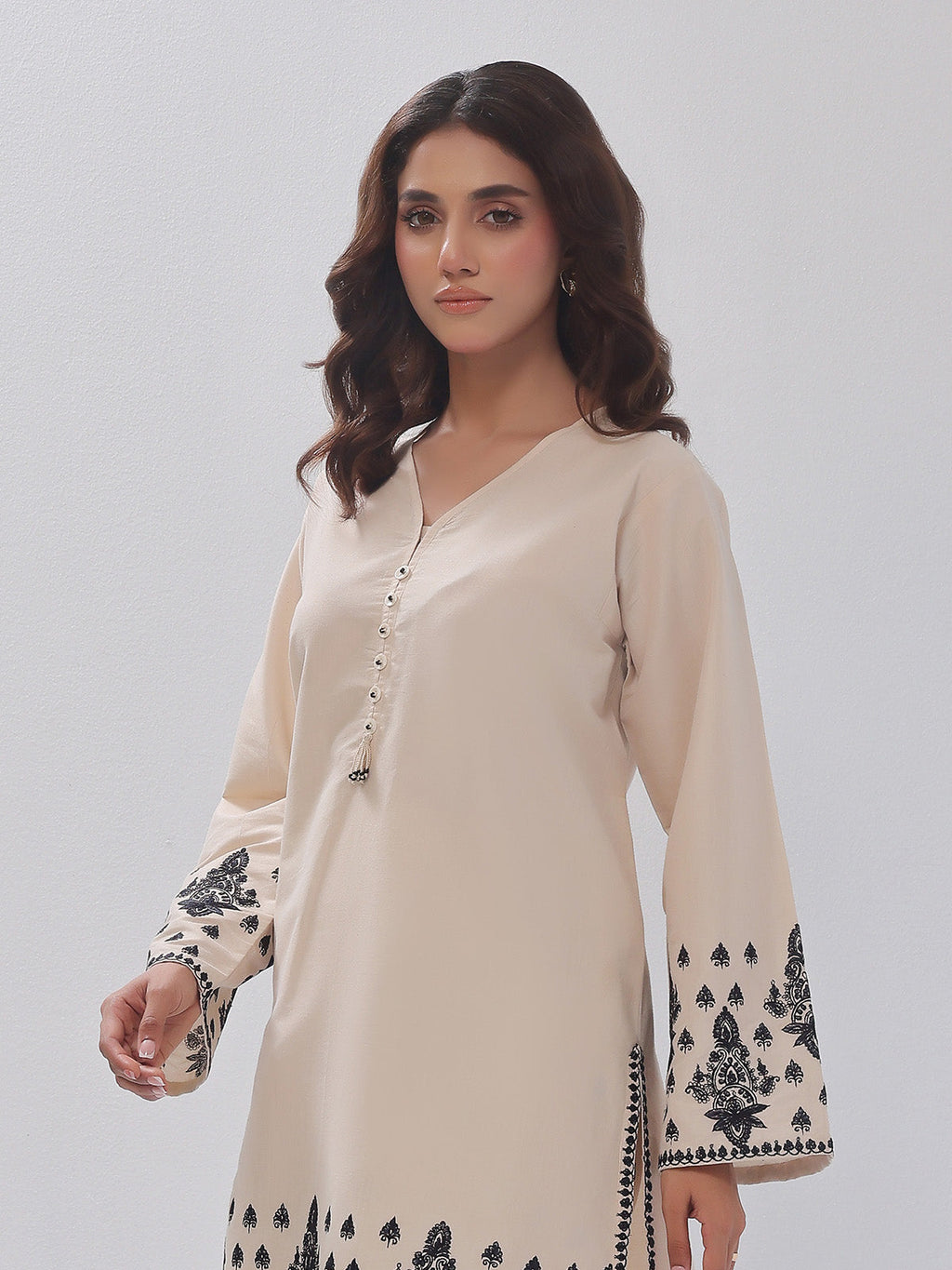 2Pc Embroidered Pret Shirt Trouser Cotton Silk Beige - OWE2PG-2405034