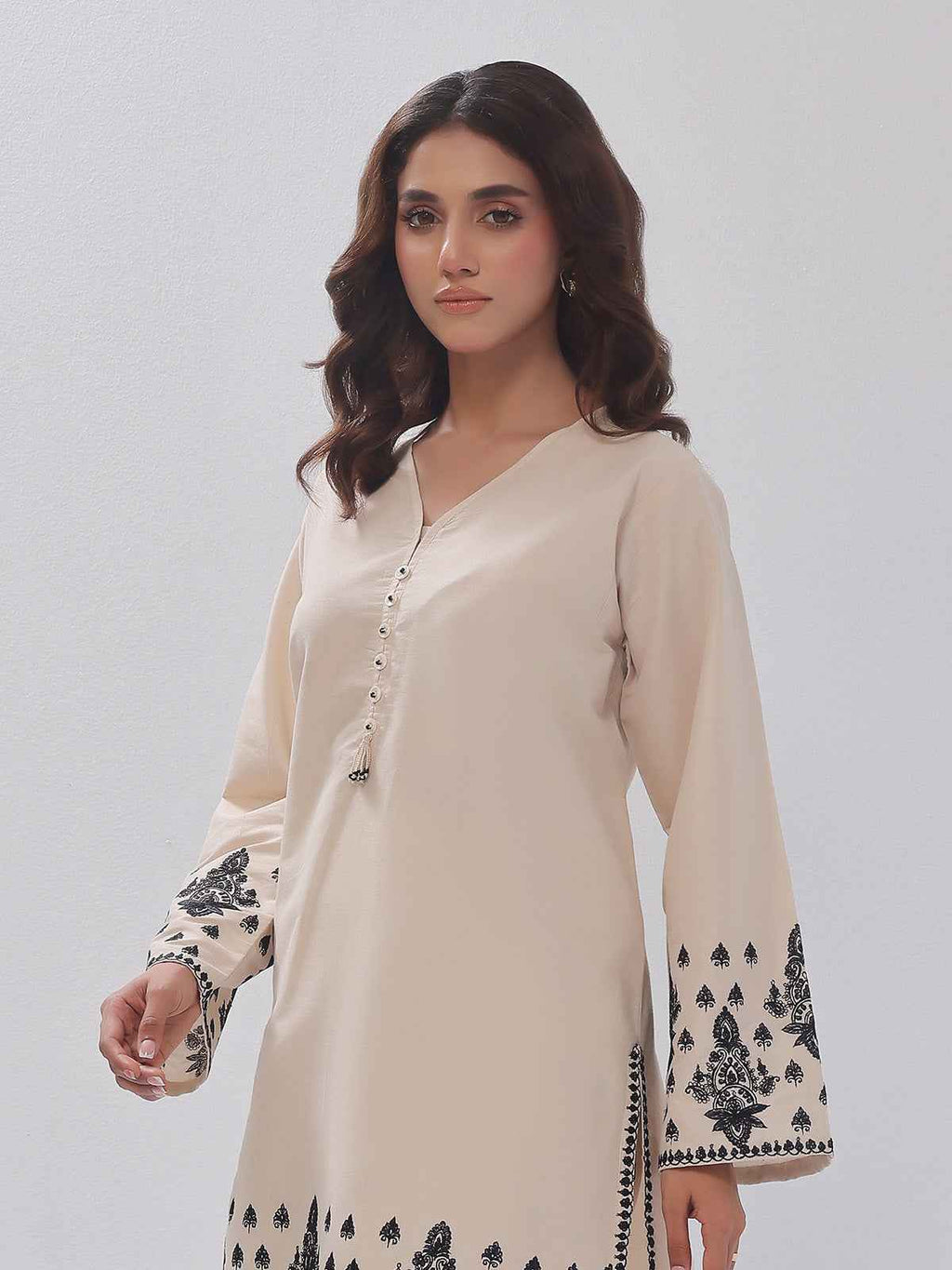 2Pc Embroidered Pret Shirt Trouser Cotton Silk Beige - OWE2PG-2405034