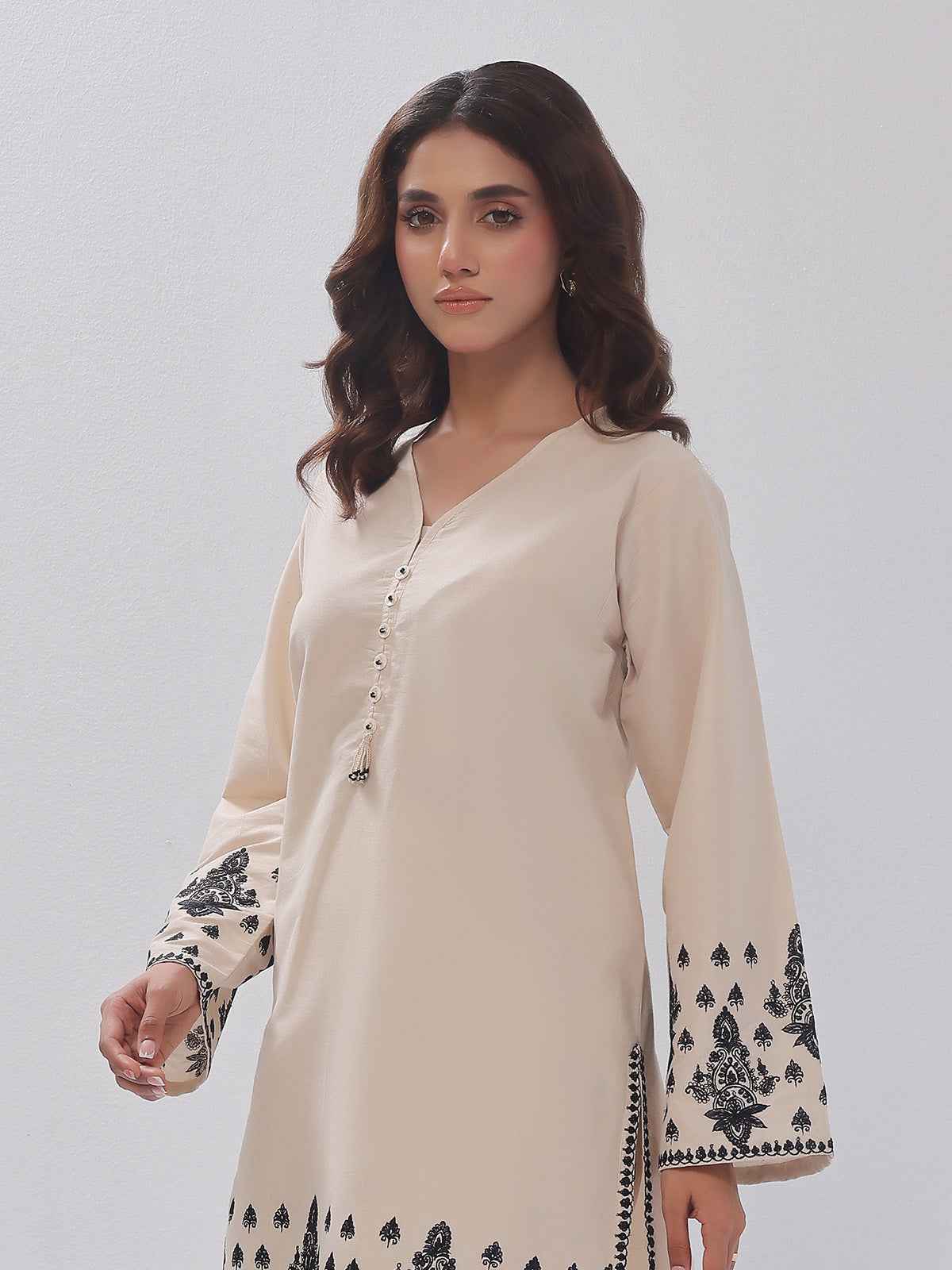 2Pc Embroidered Pret Shirt Trouser Cotton Silk Beige - OWE2PG-2405034