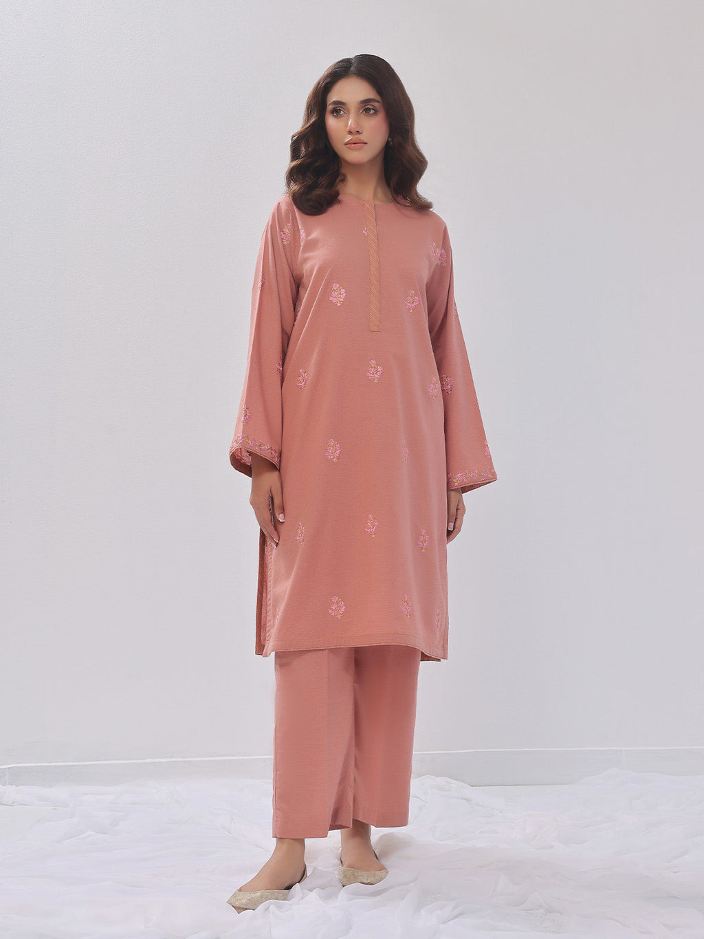 2Pc Embroidered Pret Shirt Trouser Cotton Texture Peach - OWE2PG-2407004