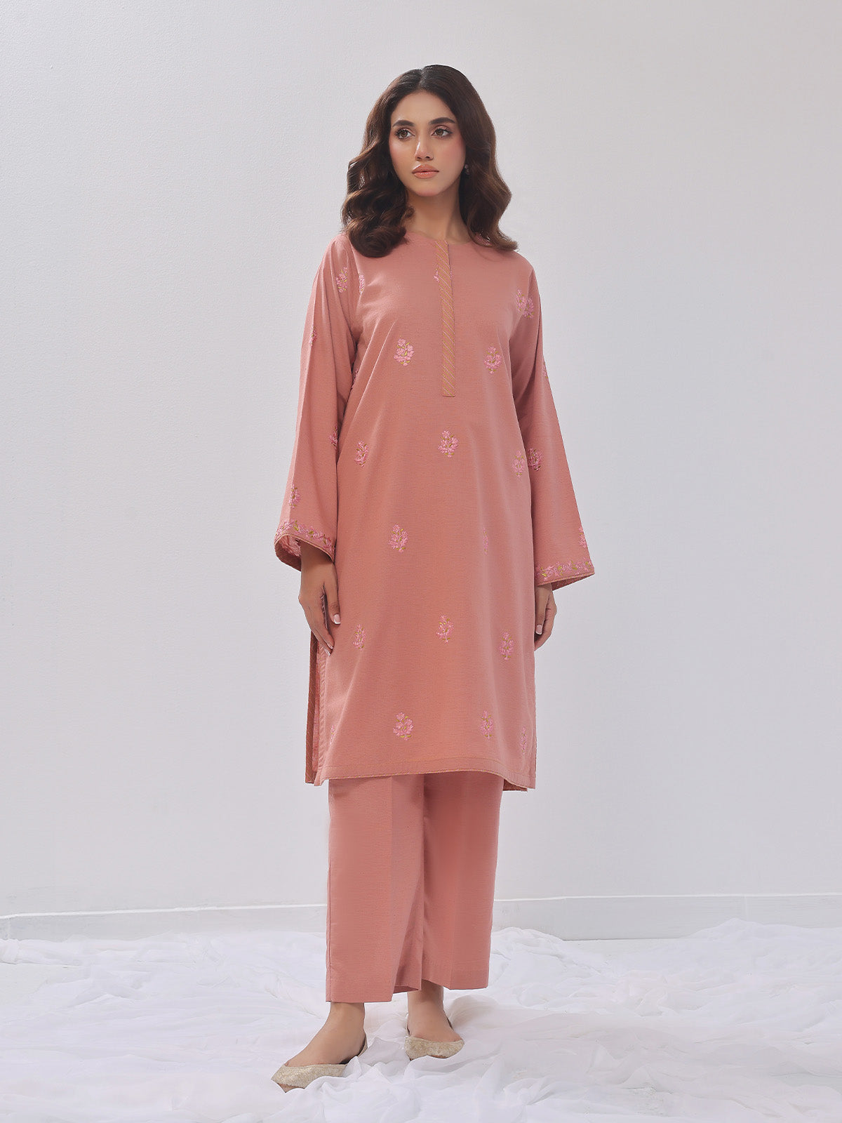 2Pc Embroidered Pret Shirt Trouser Cotton Texture Peach - OWE2PG-2407004