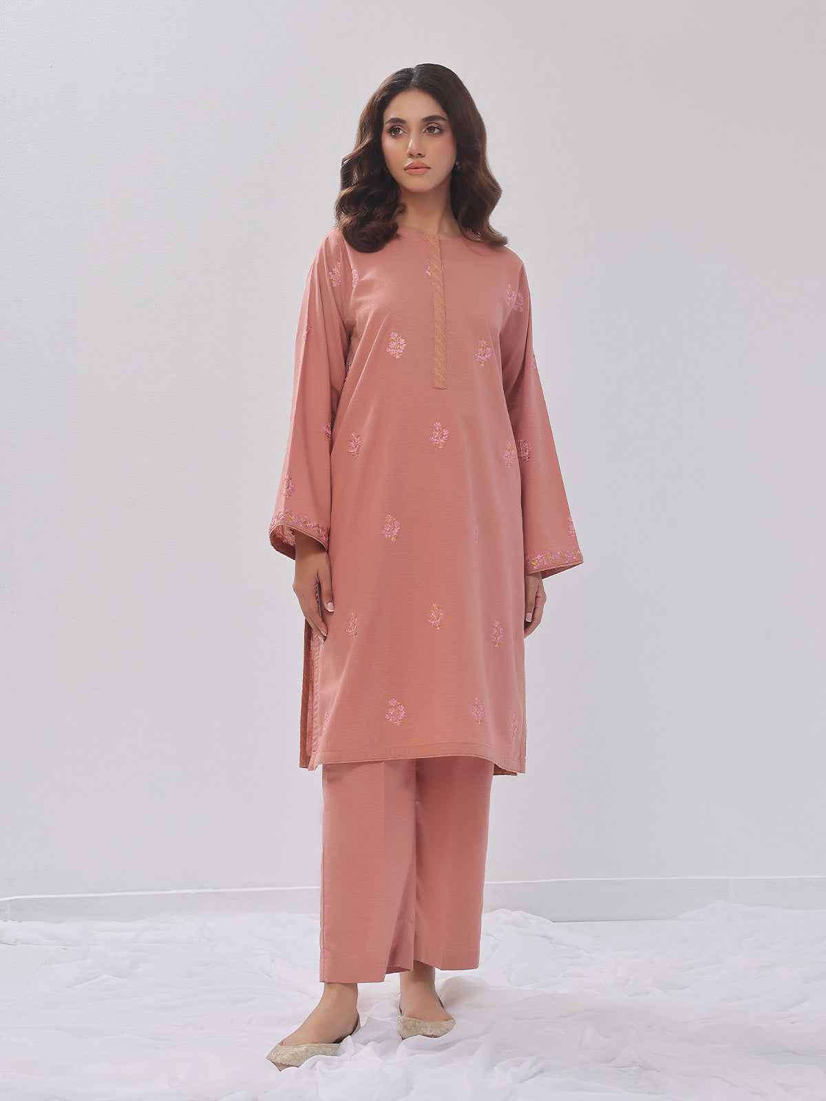 2Pc Embroidered Pret Shirt Trouser Cotton Texture Peach - OWE2PG-2407004