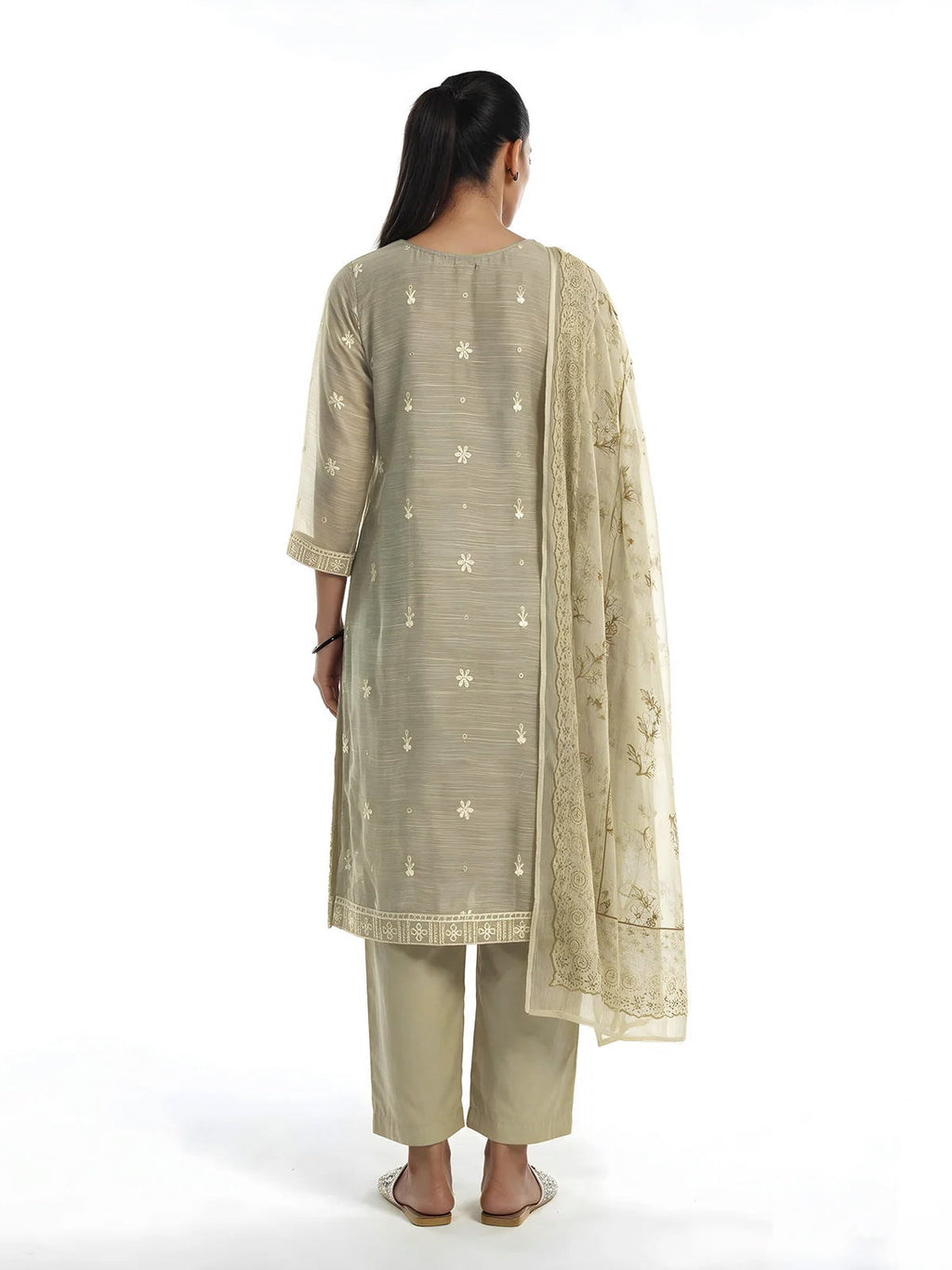 3Pc Embroidered Pret Suit Organza Net Slub Beige - OWE3P-2601004