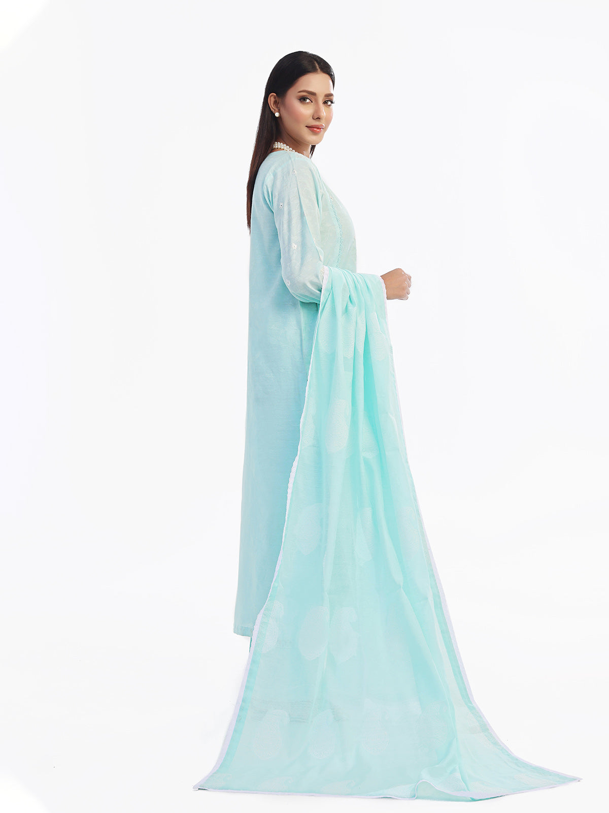 3Pc Embroidered Pret Suit Cotton Silk Jacquard Ferozi - OWE3P-2410004