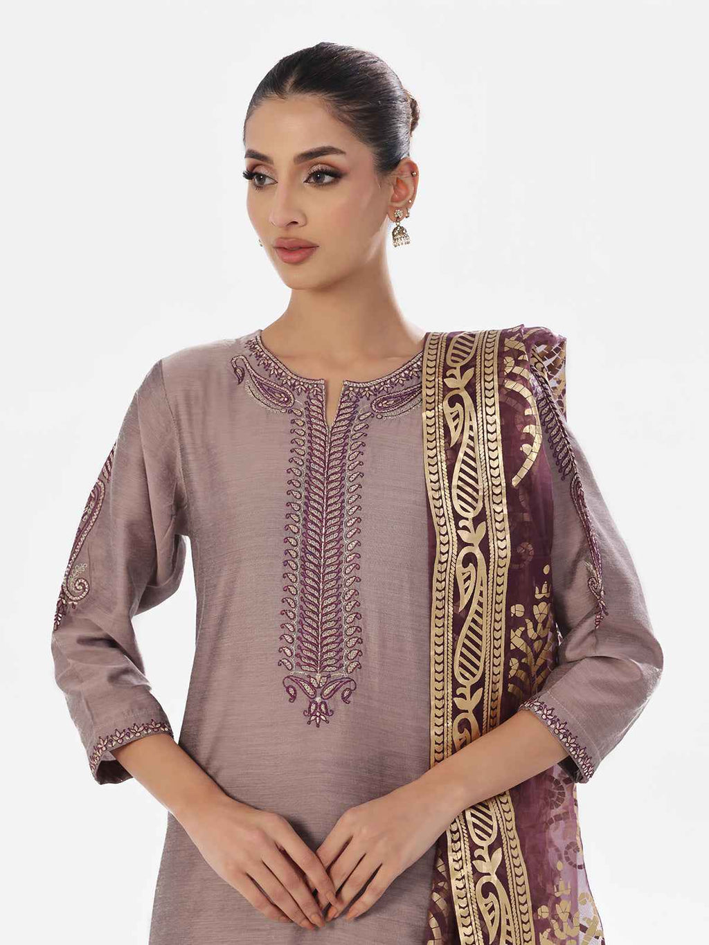 2Pc Embroidered Pret Shirt Trouser Cotton Silk Grey & Purple - OWE2P-2410007