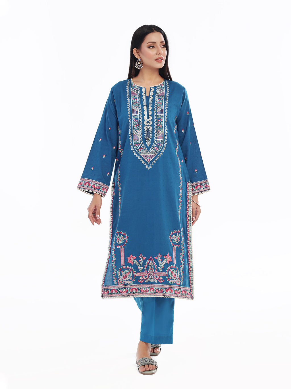 2Pc Embroidered Pret Shirt Trouser Dobby Teal - OWE2P-2405017