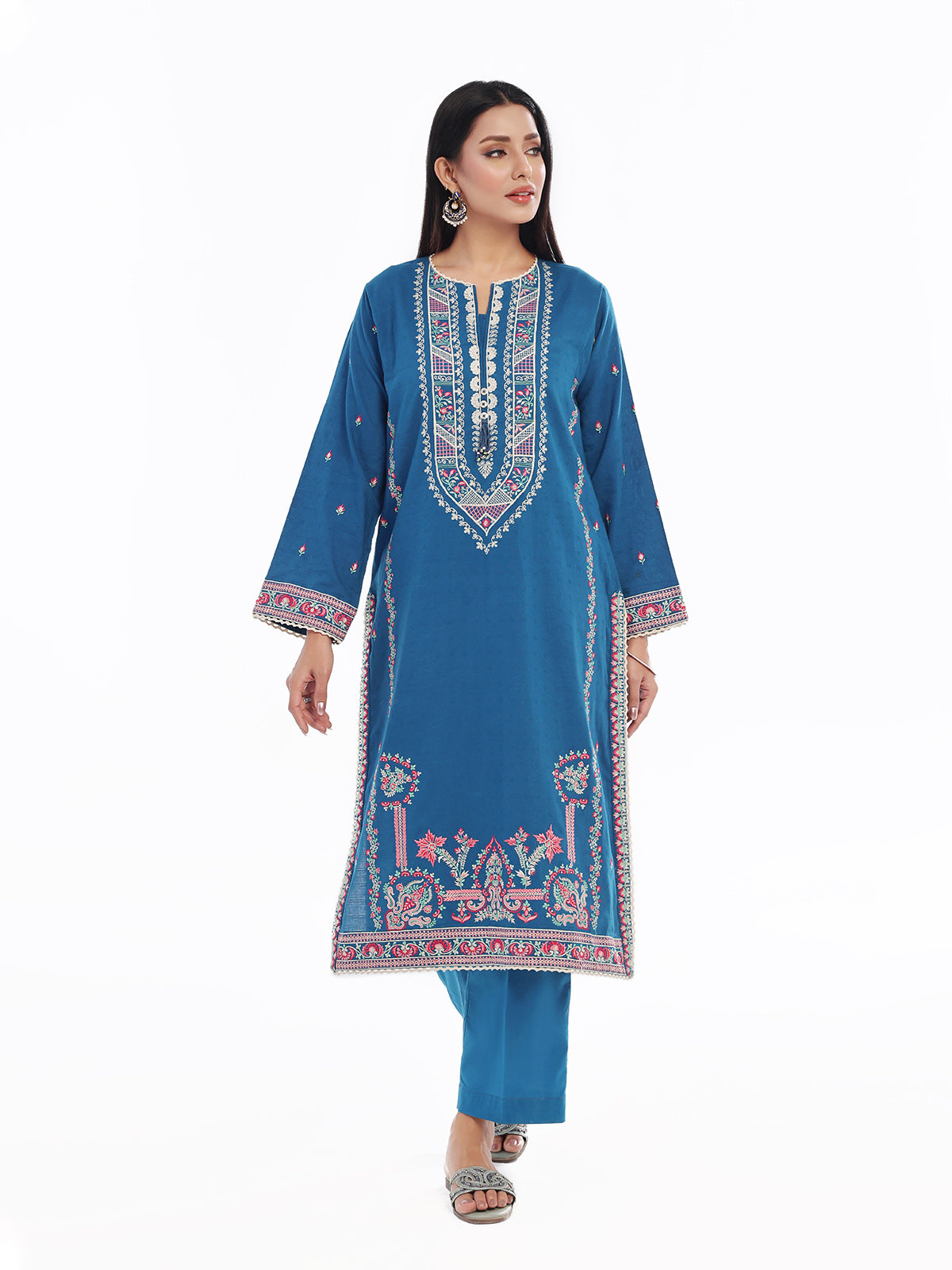 2Pc Embroidered Pret Shirt Trouser Dobby Teal - OWE2P-2405017