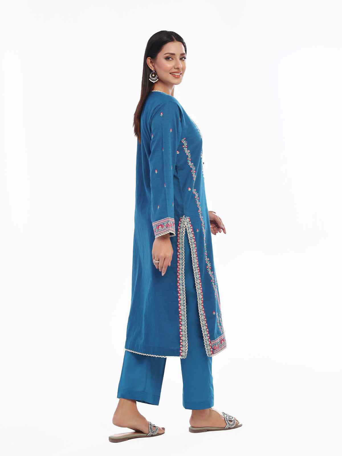 2Pc Embroidered Pret Shirt Trouser Dobby Teal - OWE2P-2405017