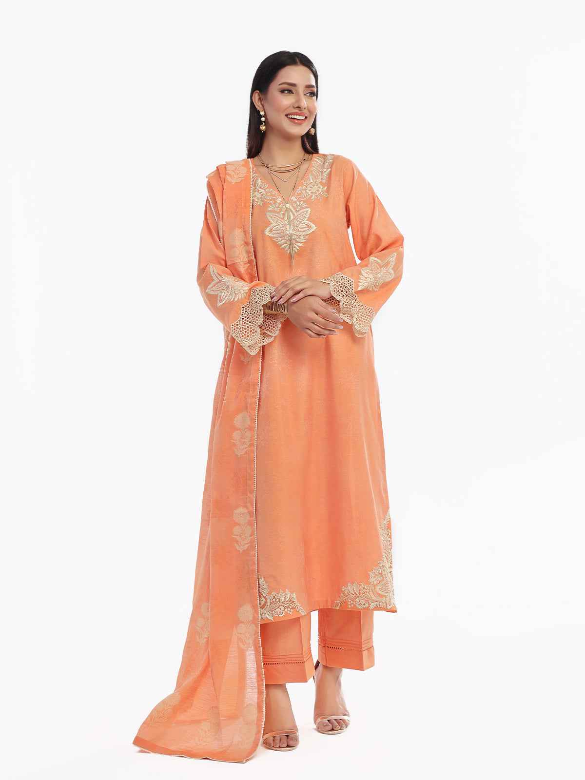 3Pc Embroidered Pret Suit Cotton Silk Jacquard Orange - OWE3P-2410005
