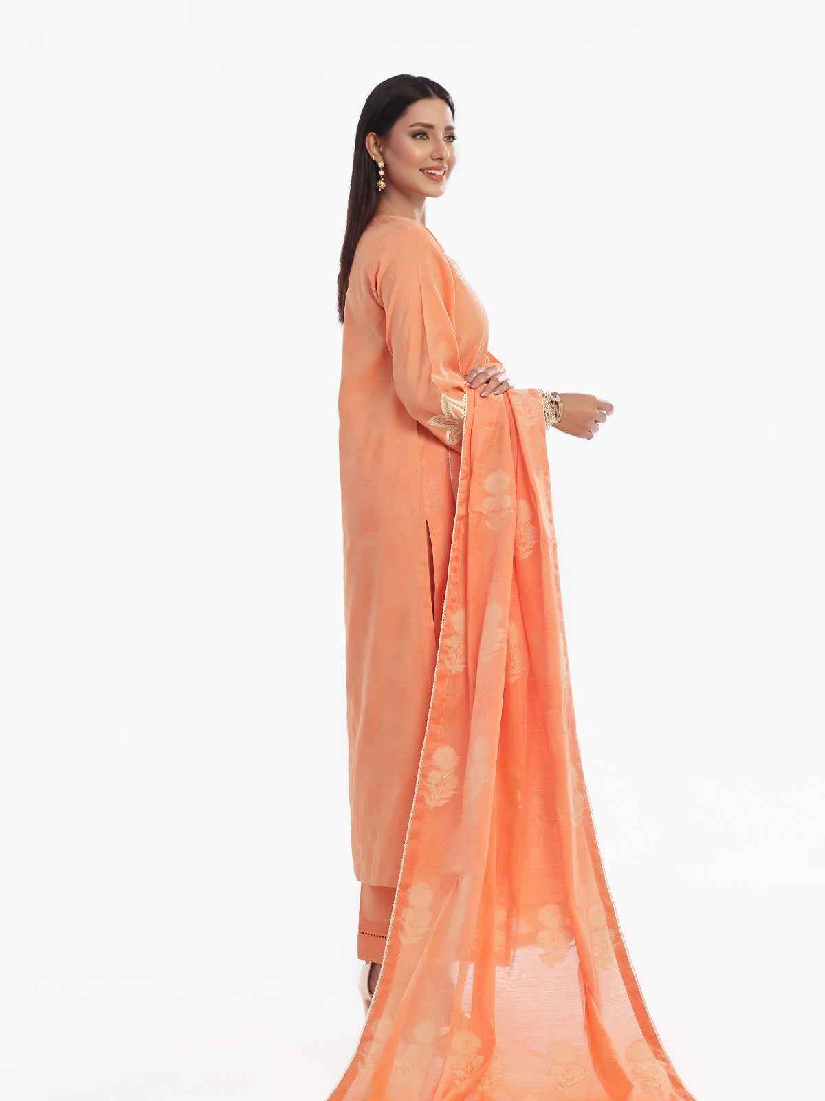 3Pc Embroidered Pret Suit Cotton Silk Jacquard Orange - OWE3P-2410005