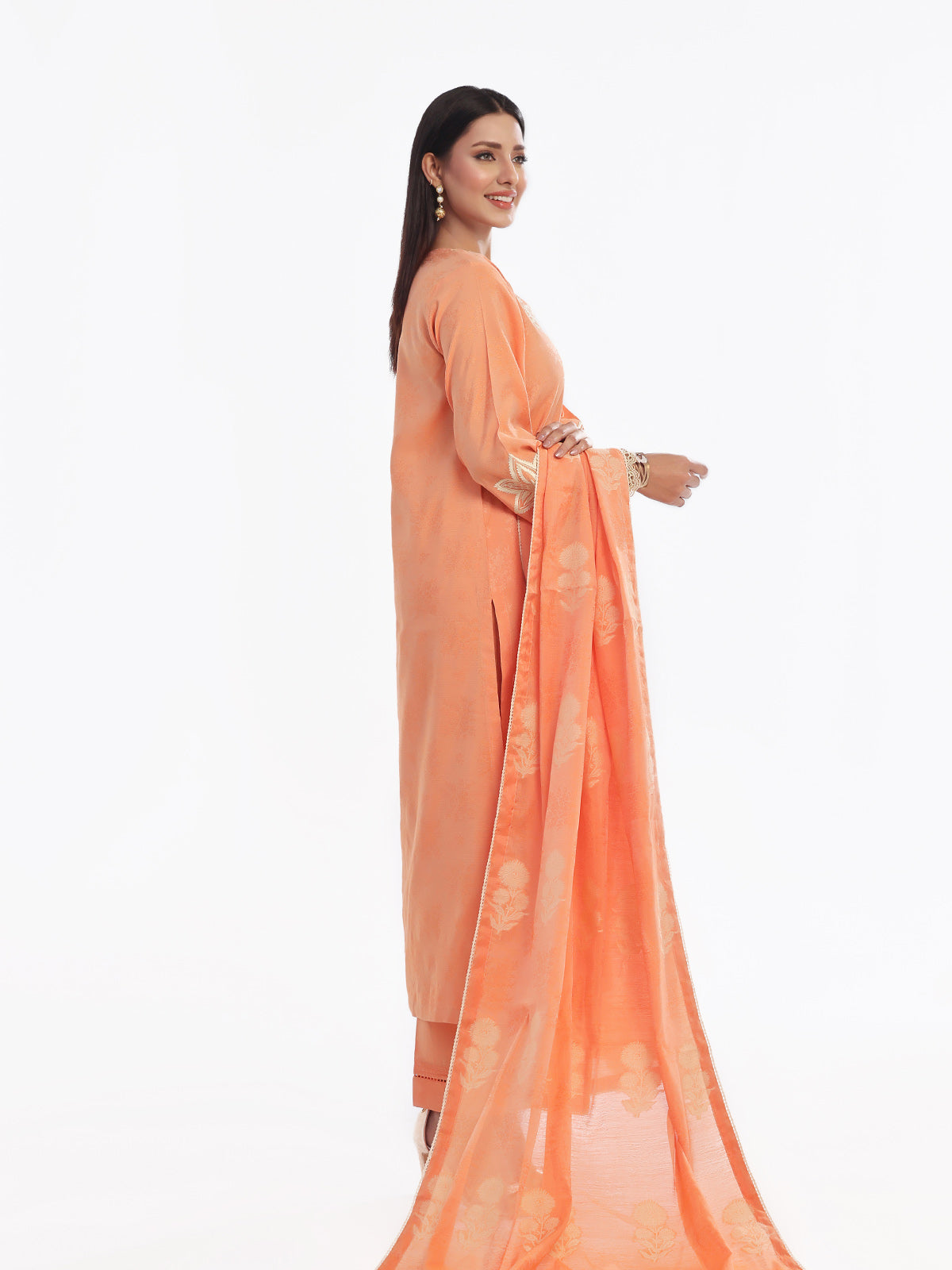 3Pc Embroidered Pret Suit Cotton Silk Jacquard Orange - OWE3P-2410005
