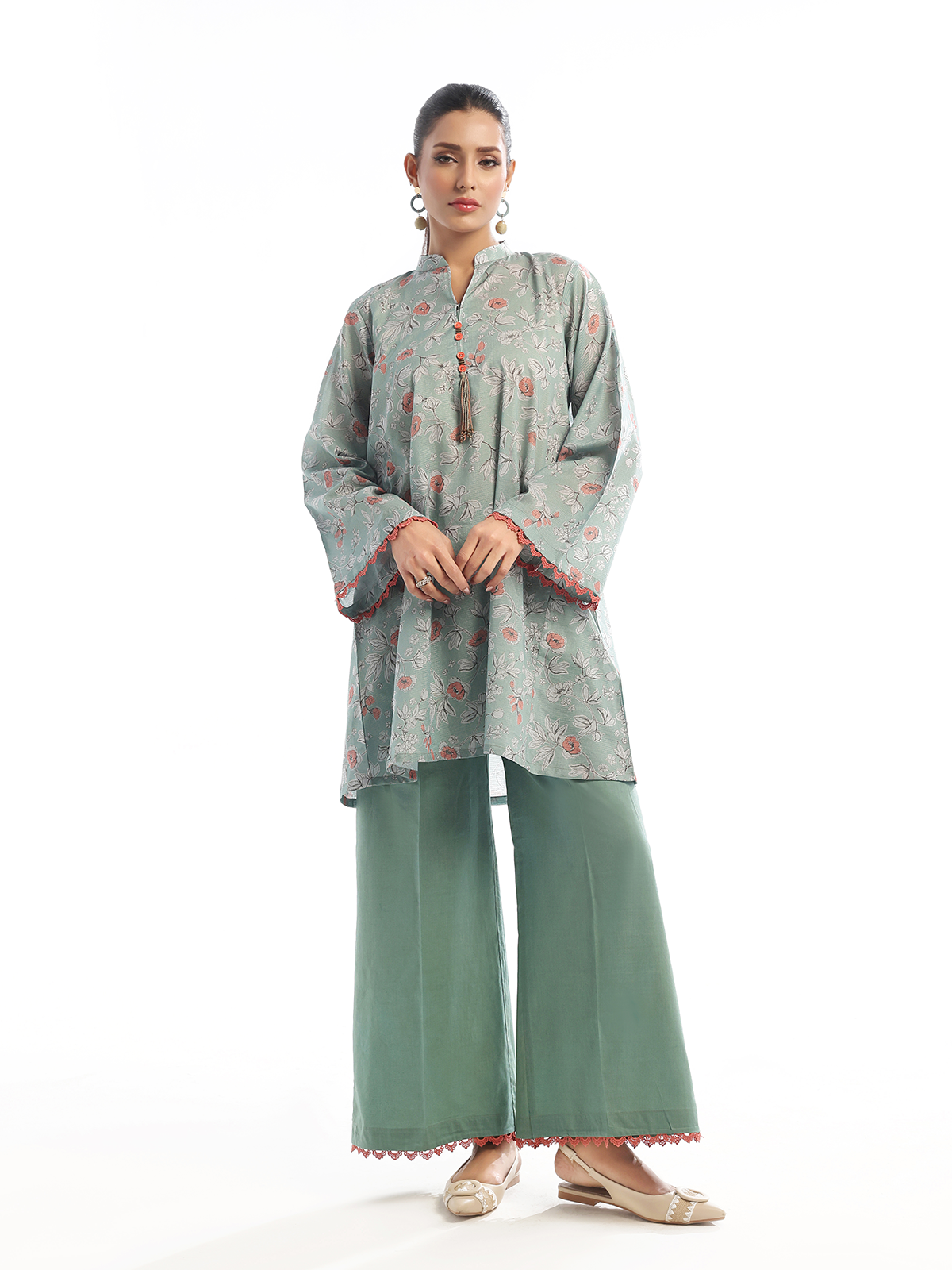 2Pc Printed Pret Shirt Trouser Maisoori Lawn Green & Orange - OW2P-2412021