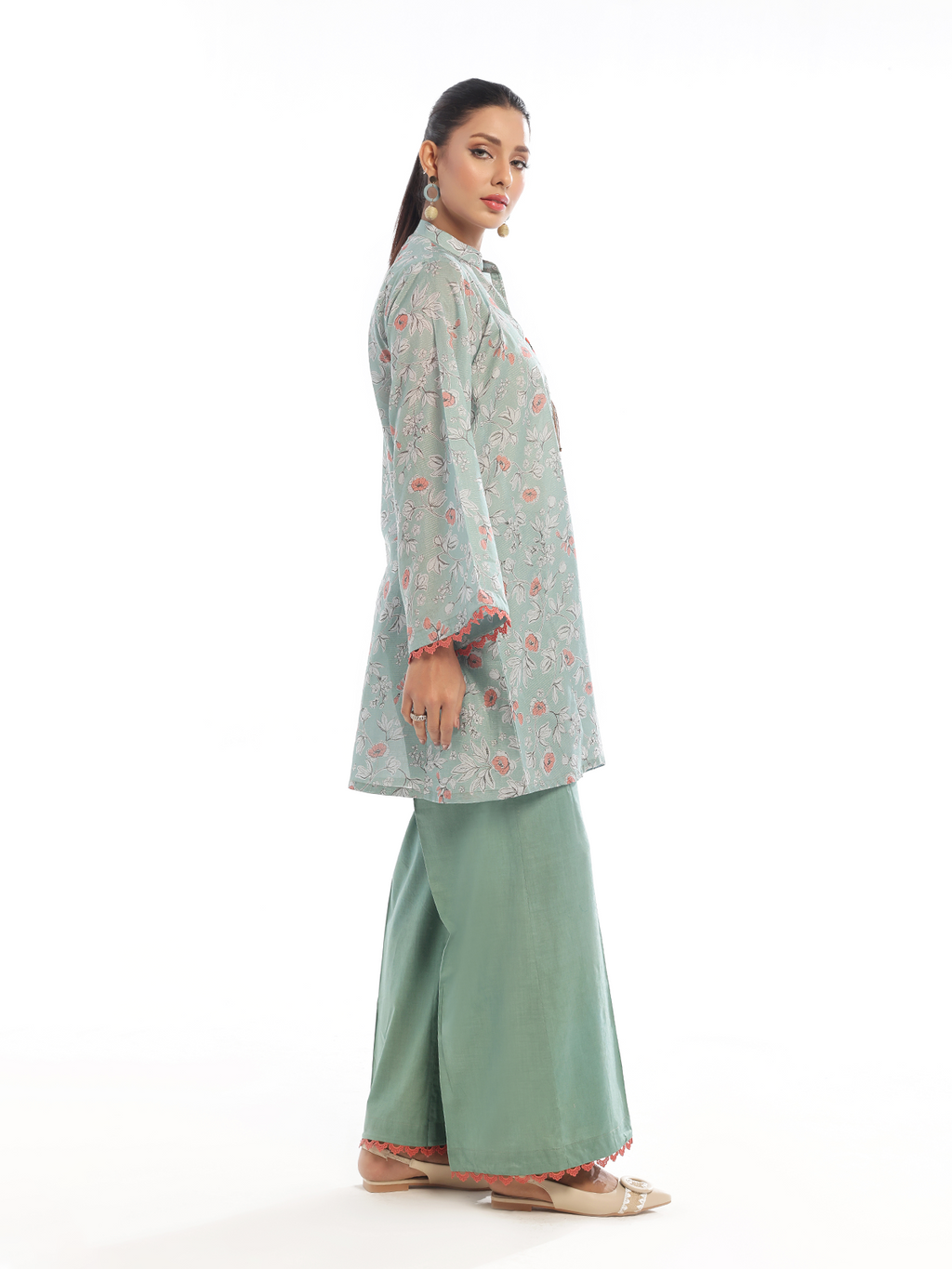 2Pc Printed Pret Shirt Trouser Maisoori Lawn Green & Orange - OW2P-2412021