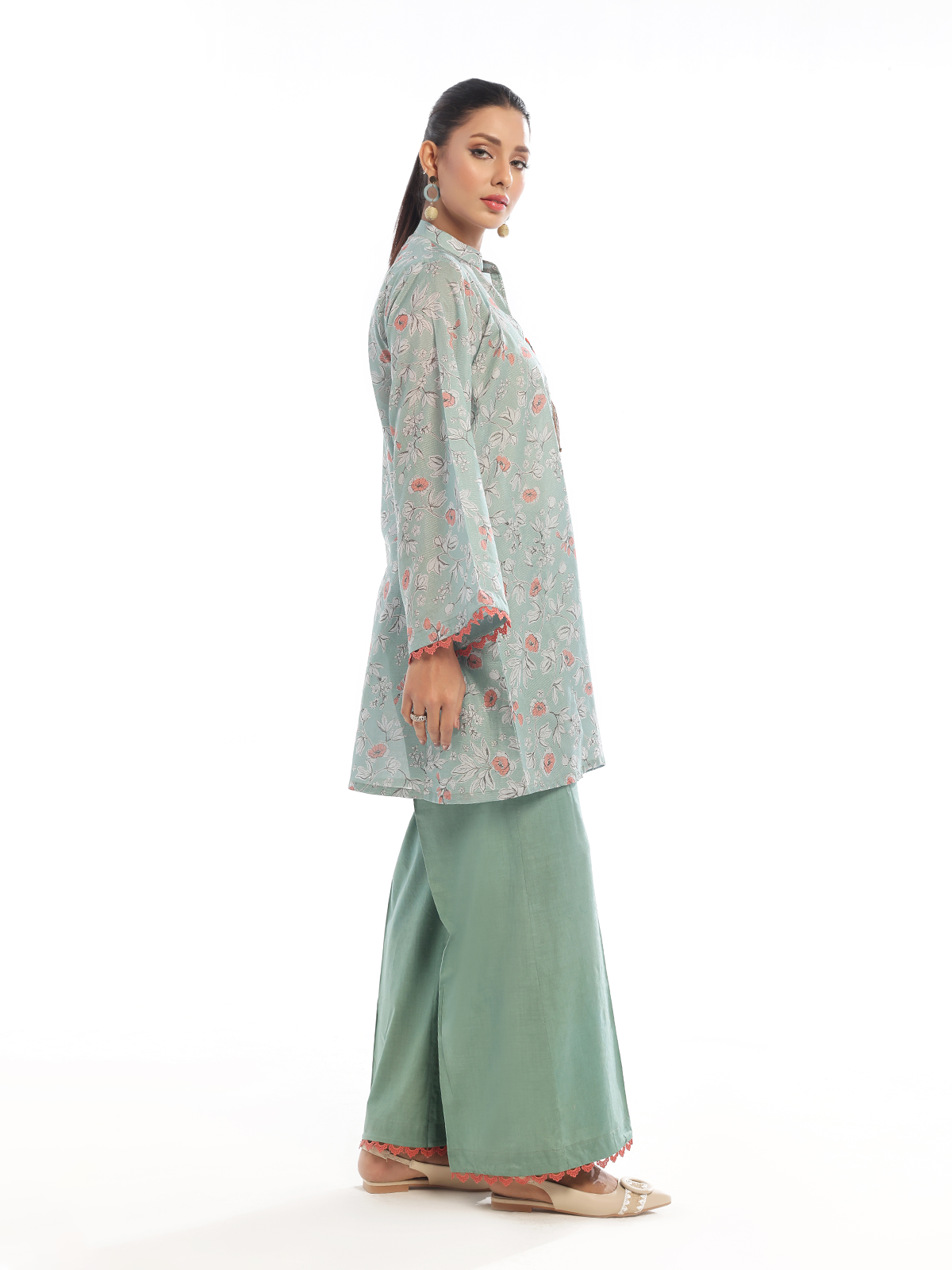 2Pc Printed Pret Shirt Trouser Maisoori Lawn Green & Orange - OW2P-2412021