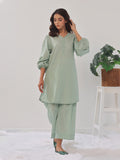 2PCs Solid Pret Shirt Trouser Cotton Texture Light Green - OW2PG-2407003