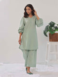 2PCs Solid Pret Shirt Trouser Cotton Texture Light Green - OW2PG-2407003