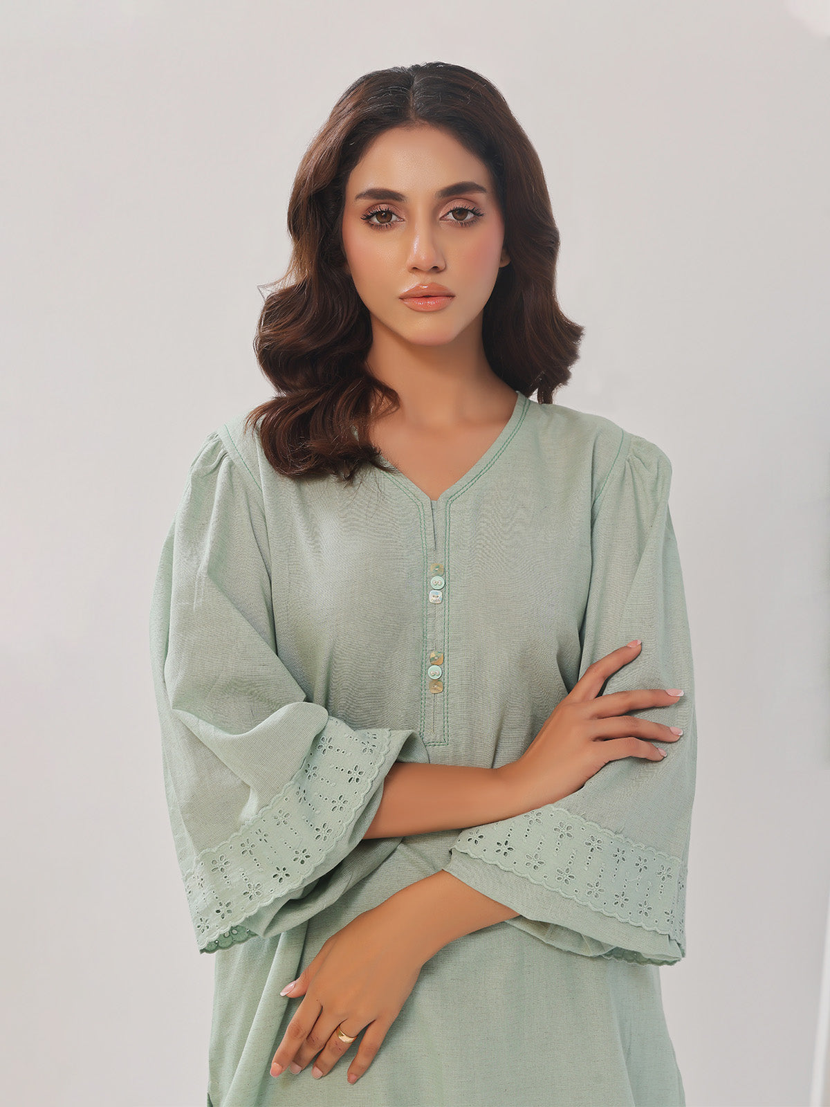 2PCs Solid Pret Shirt Trouser Cotton Texture Light Green - OW2PG-2407003