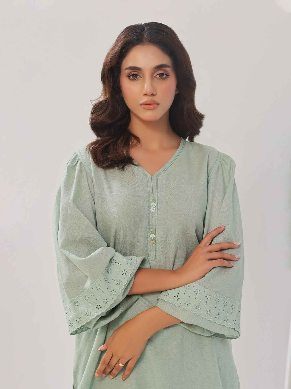 2PCs Solid Pret Shirt Trouser Cotton Texture Light Green - OW2PG-2407003