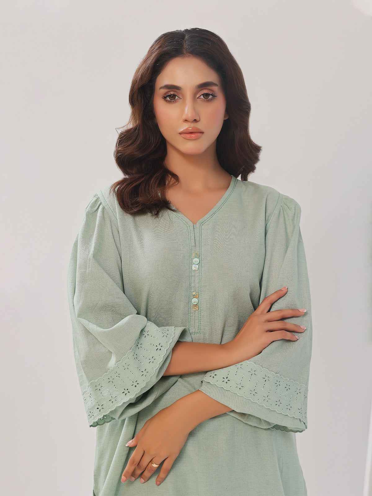 2PCs Solid Pret Shirt Trouser Cotton Texture Light Green - OW2PG-2407003