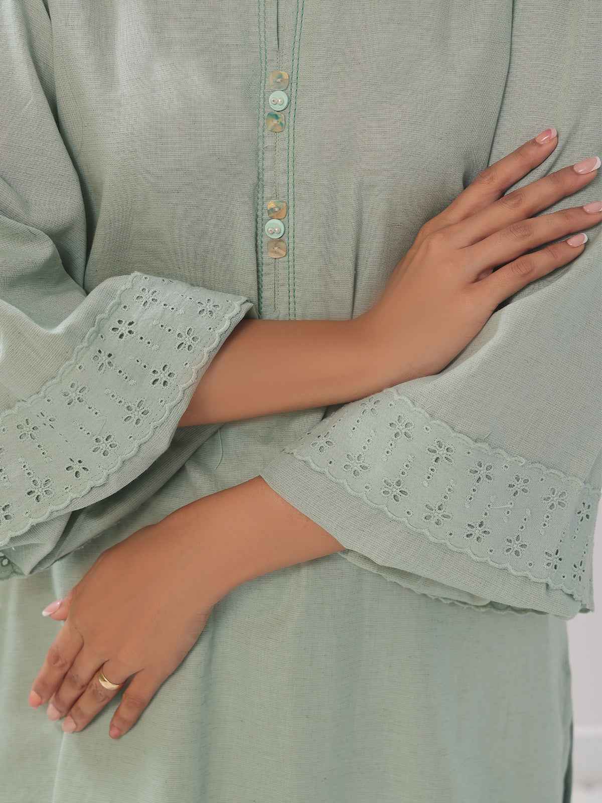 2PCs Solid Pret Shirt Trouser Cotton Texture Light Green - OW2PG-2407003