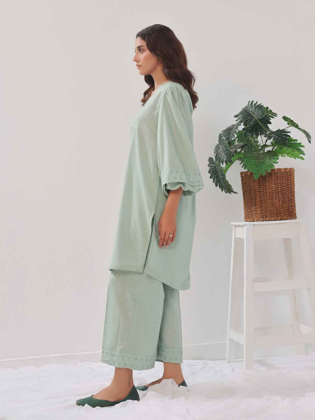 2PCs Solid Pret Shirt Trouser Cotton Texture Light Green - OW2PG-2407003