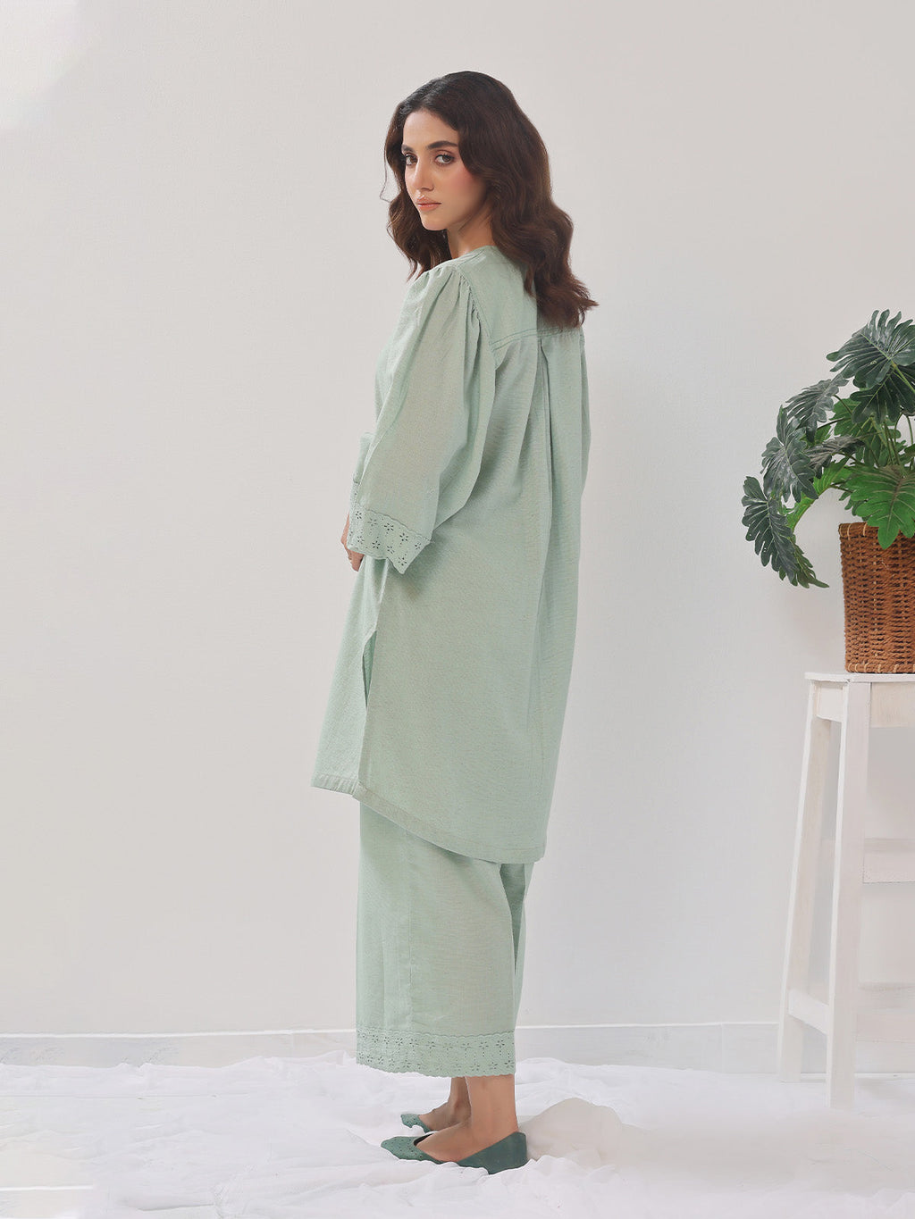 2PCs Solid Pret Shirt Trouser Cotton Texture Light Green - OW2PG-2407003
