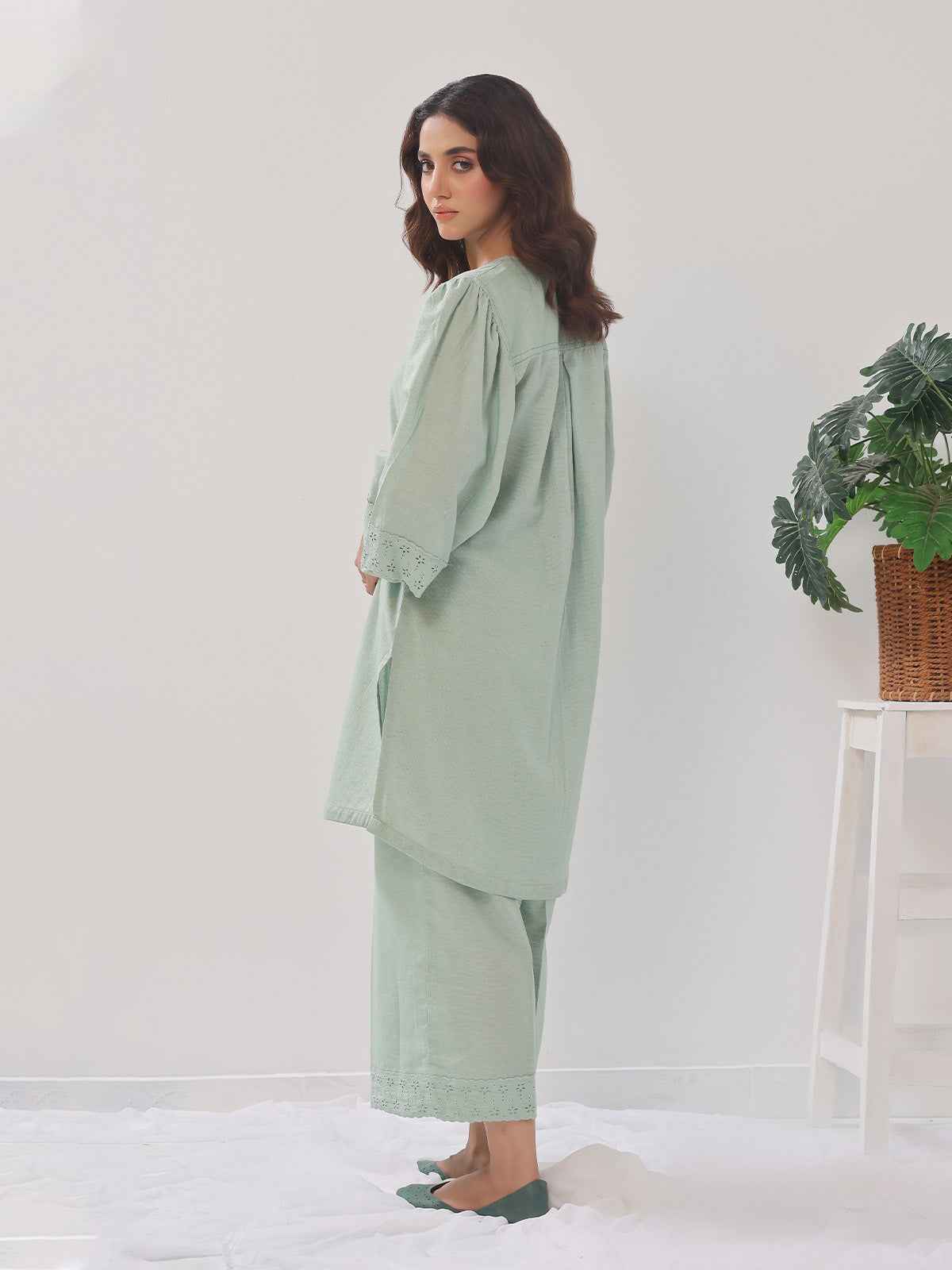 2PCs Solid Pret Shirt Trouser Cotton Texture Light Green - OW2PG-2407003