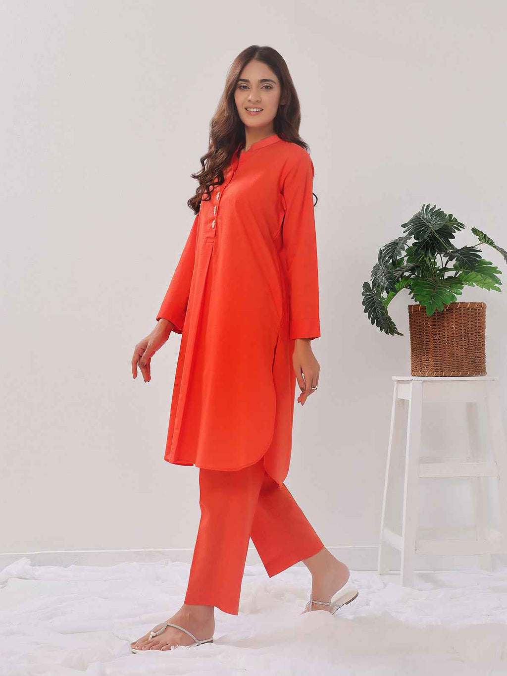 2PCs Solid Pret Shirt Trouser Cotton Texture Orange - OW2PG-2407006