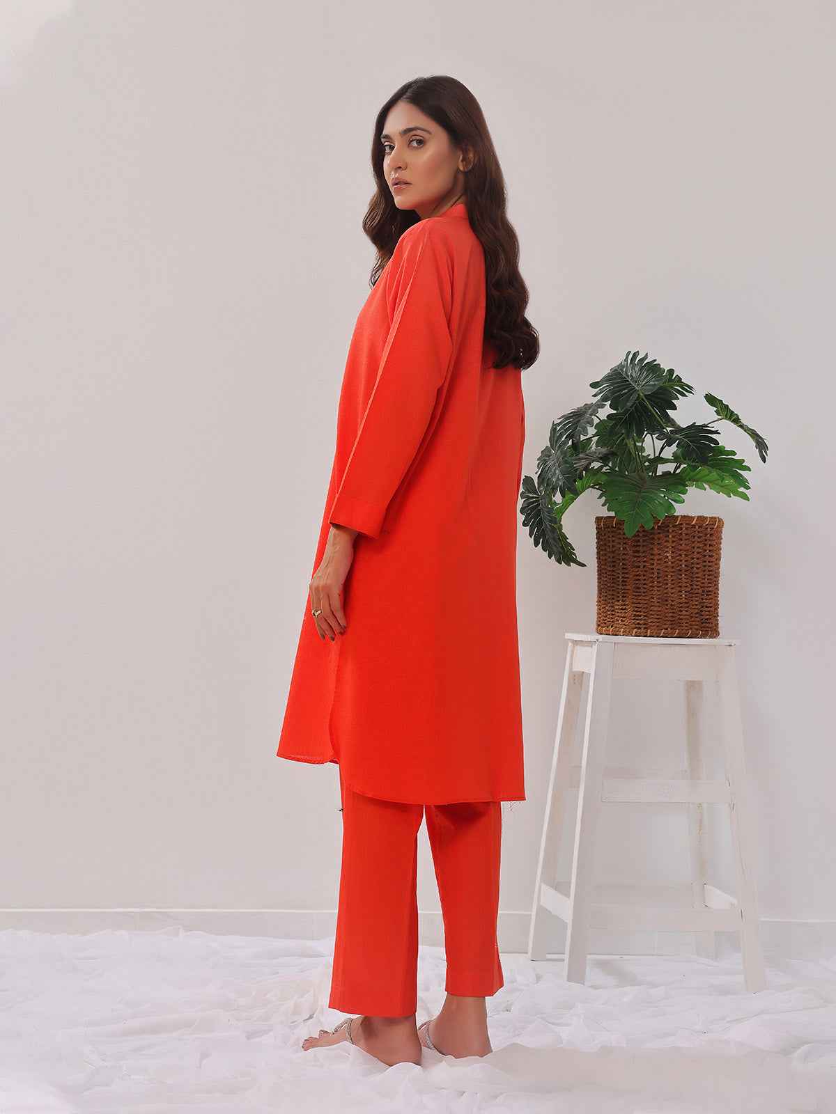 2PCs Solid Pret Shirt Trouser Cotton Texture Orange - OW2PG-2407006