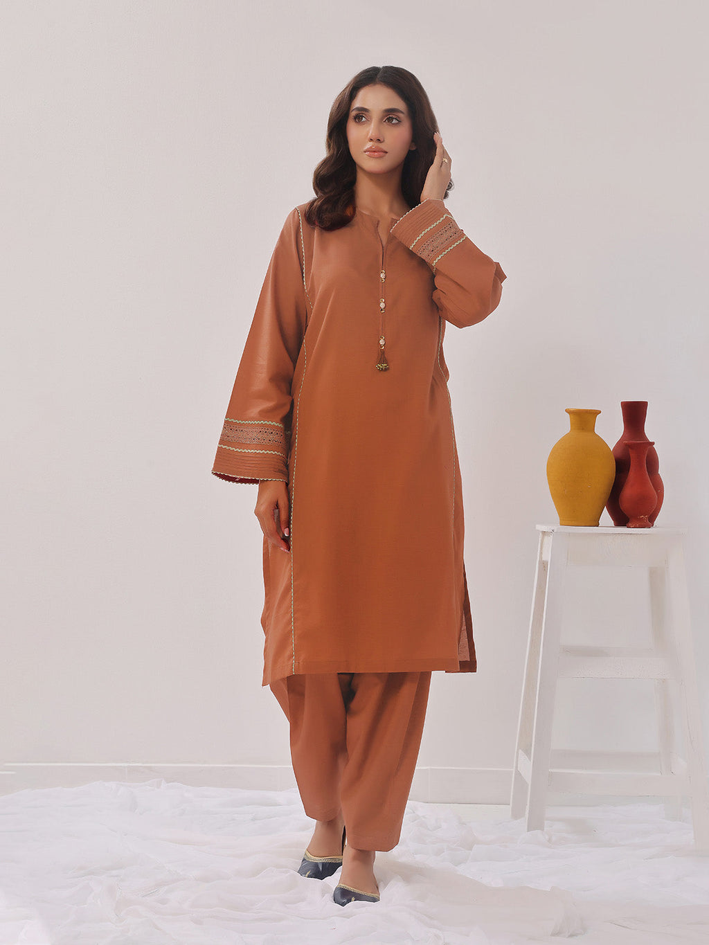 2PCs Solid Pret Shirt Trouser Cotton Texture Brown - OW2PG-2407007