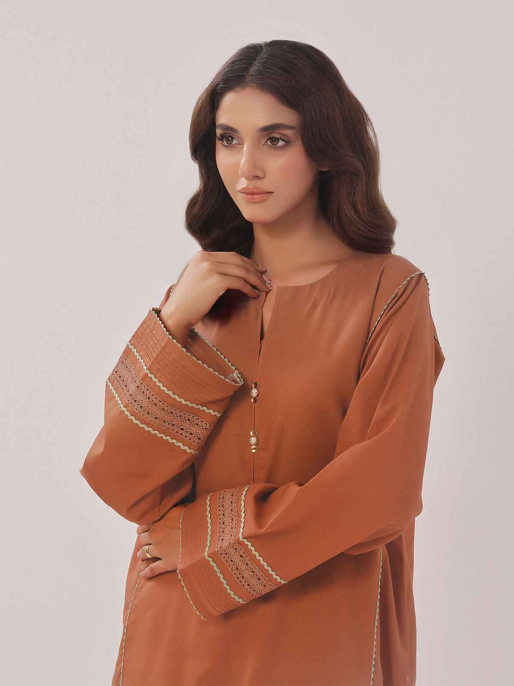 2PCs Solid Pret Shirt Trouser Cotton Texture Brown - OW2PG-2407007