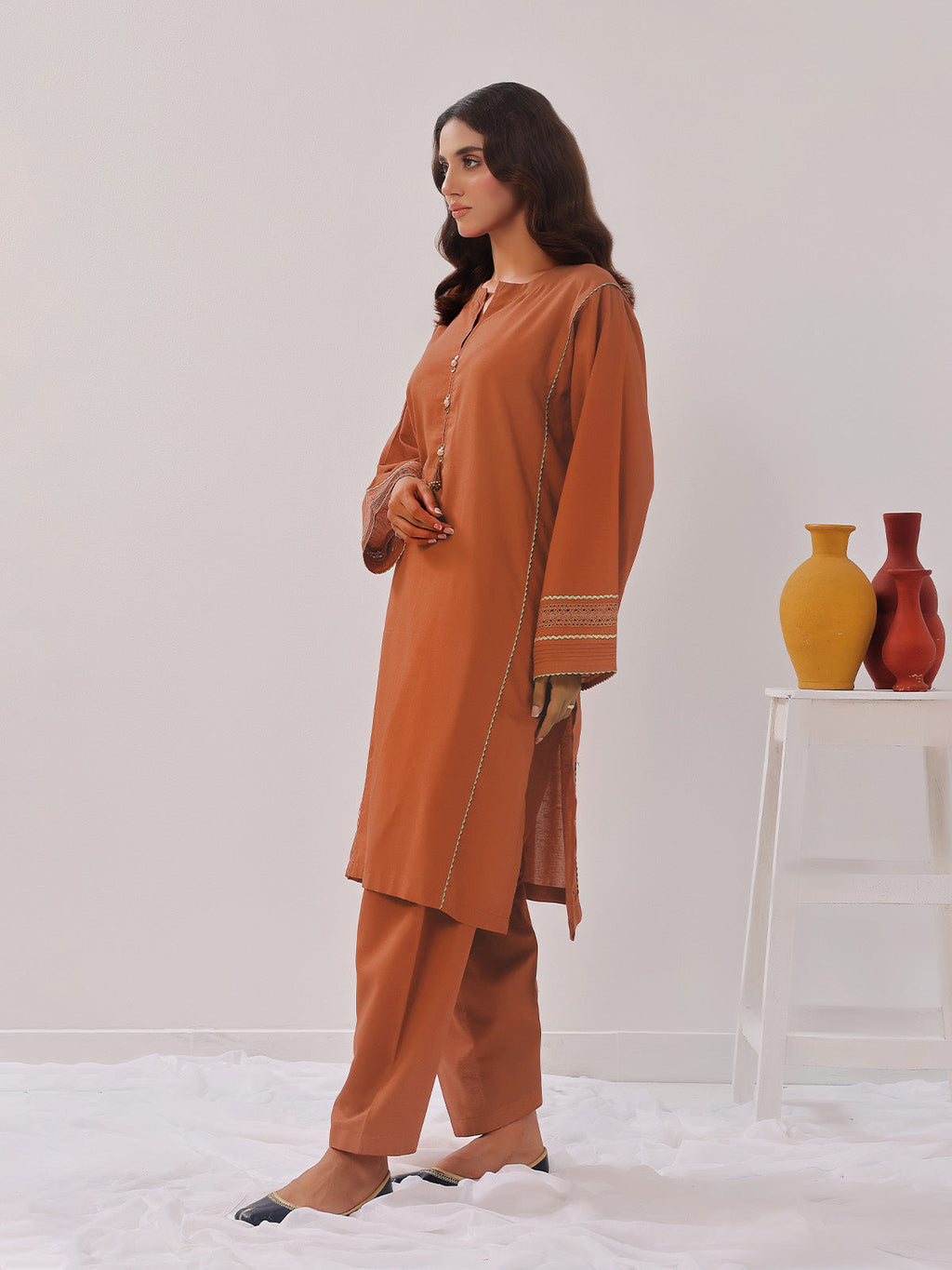 2PCs Solid Pret Shirt Trouser Cotton Texture Brown - OW2PG-2407007
