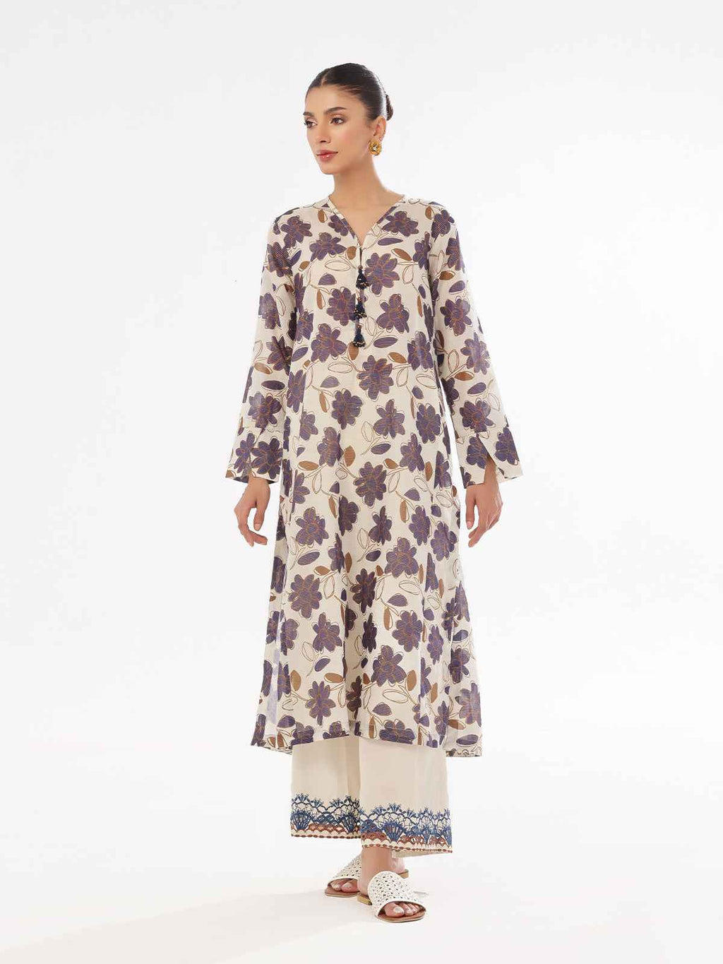 2Pc Printed Pret Shirt Trouser Masoori Lawn Beige & Blue - OWE2P-2412007