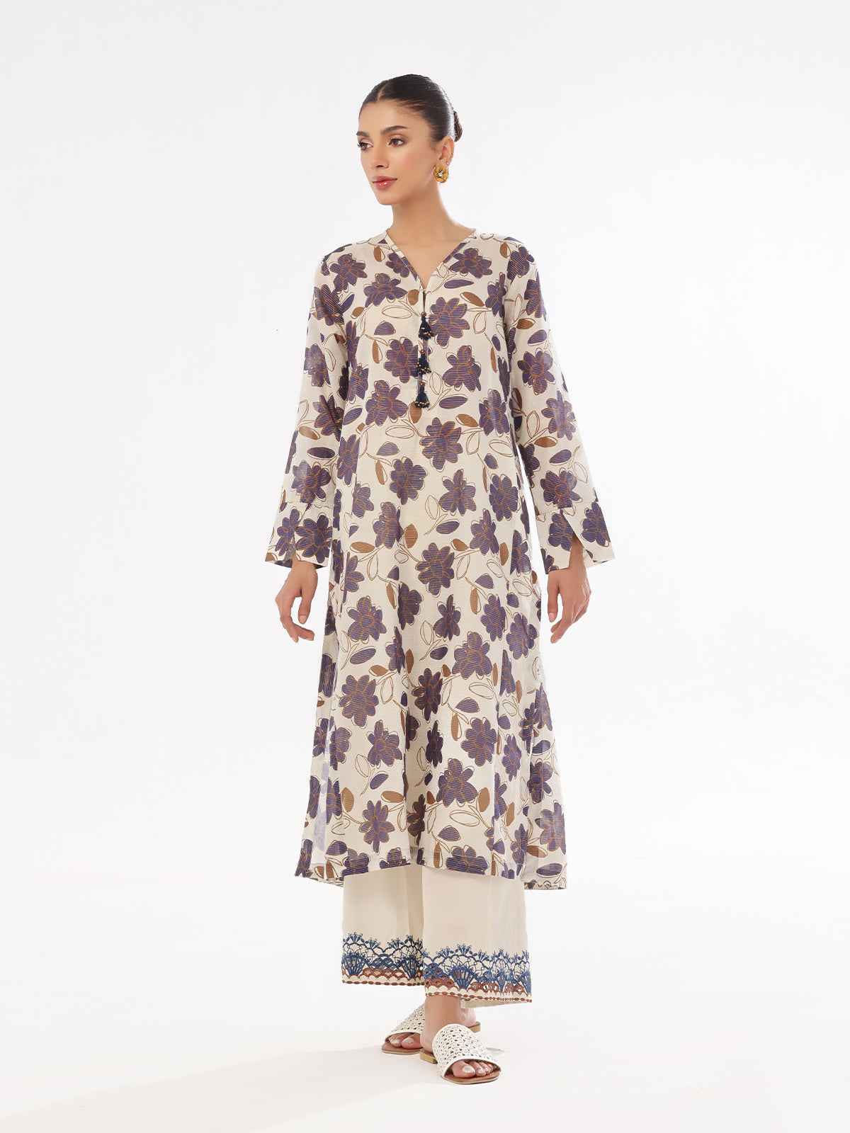 2Pc Printed Pret Shirt Trouser Masoori Lawn Beige & Blue - OWE2P-2412007
