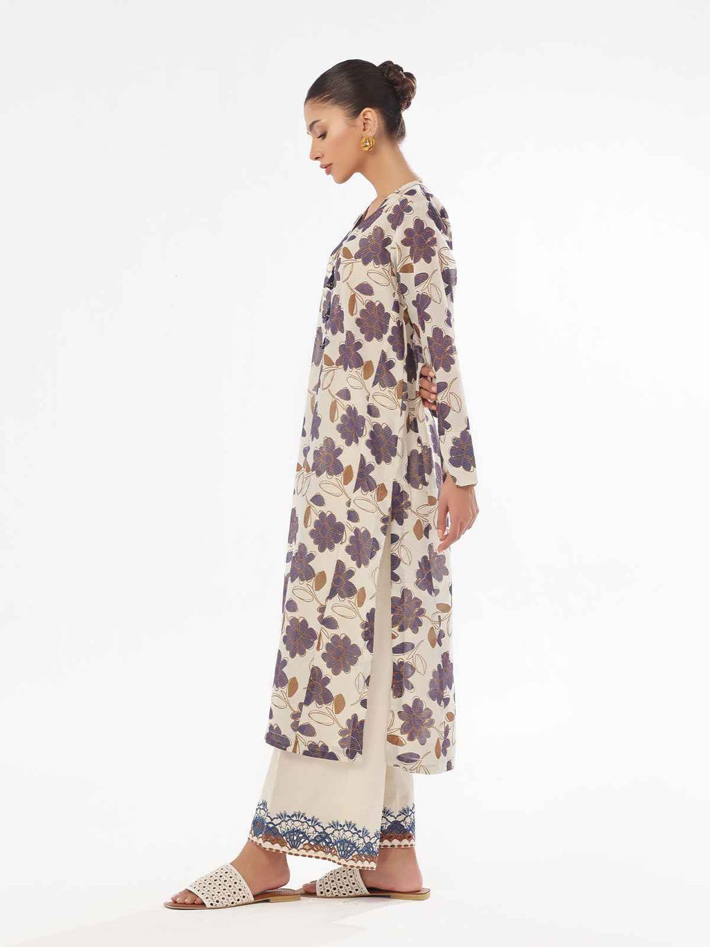 2Pc Printed Pret Shirt Trouser Masoori Lawn Beige & Blue - OWE2P-2412007