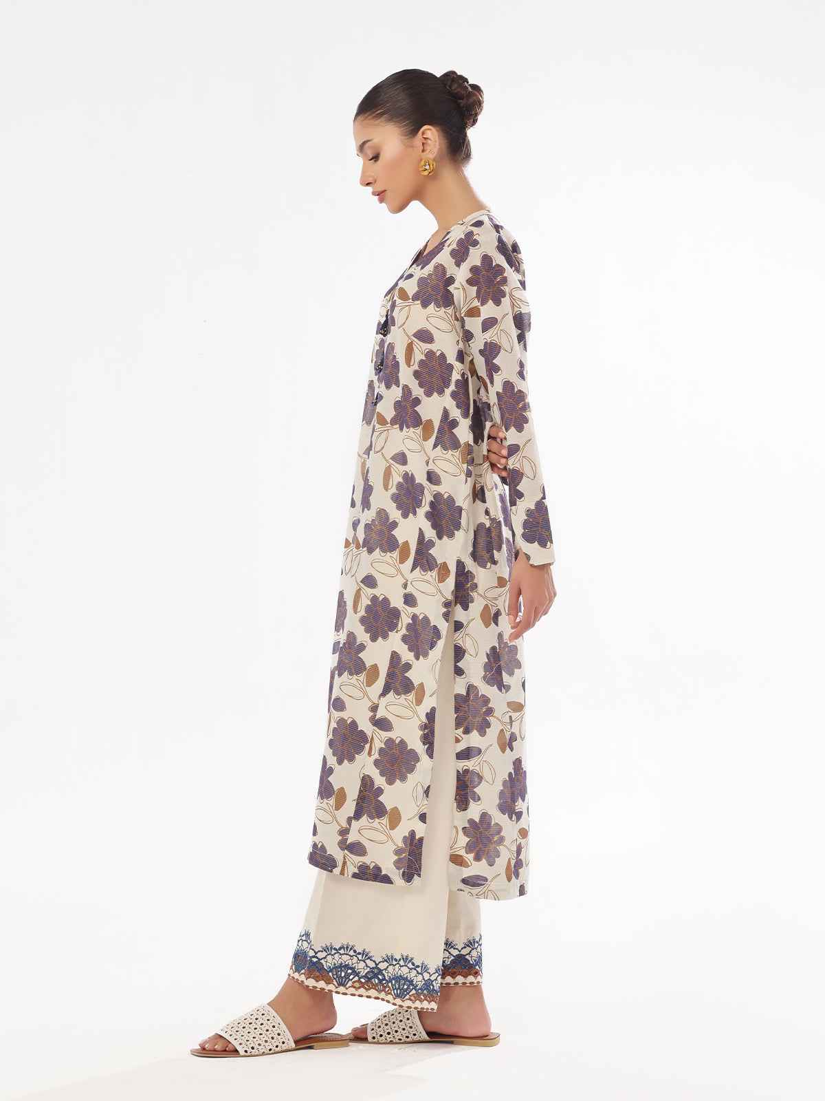 2Pc Printed Pret Shirt Trouser Masoori Lawn Beige & Blue - OWE2P-2412007