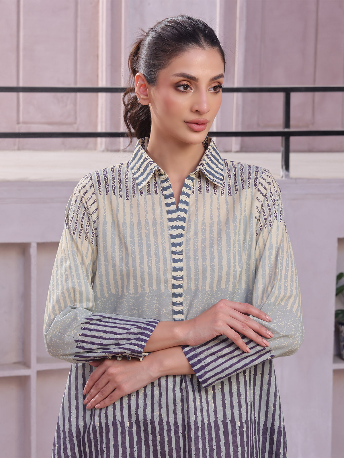 2Pc Printed Pret Shirt Trouser Lawn Beige & Blue - OW2P-2505003