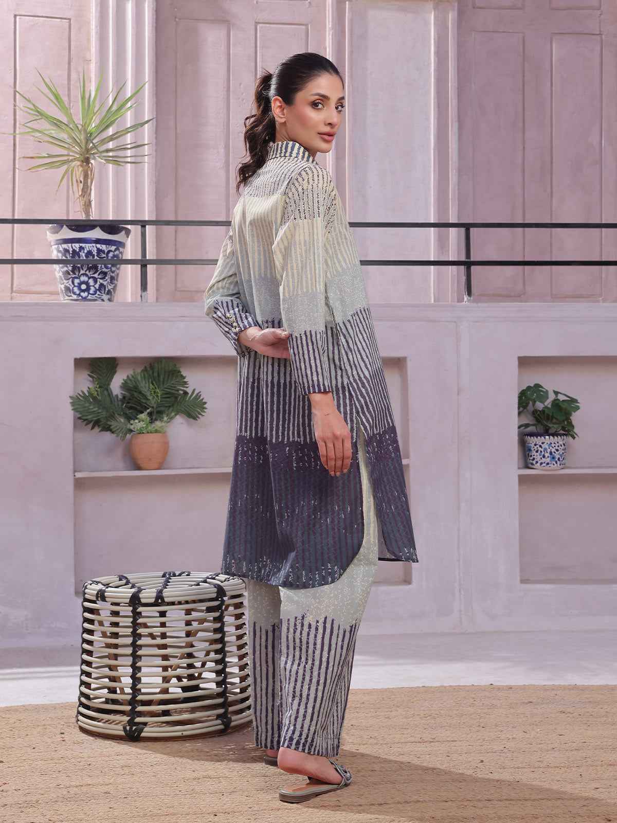 2Pc Printed Pret & Unstitched Shirt Trouser Lawn Beige & Blue